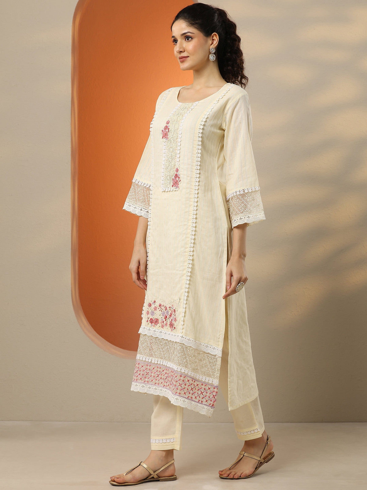 Anouk Off White Embroidered Cotton Straight Suit Set With Dupatta