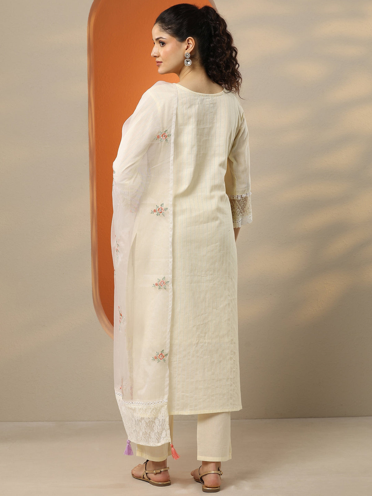 Anouk Off White Embroidered Cotton Straight Suit Set With Dupatta