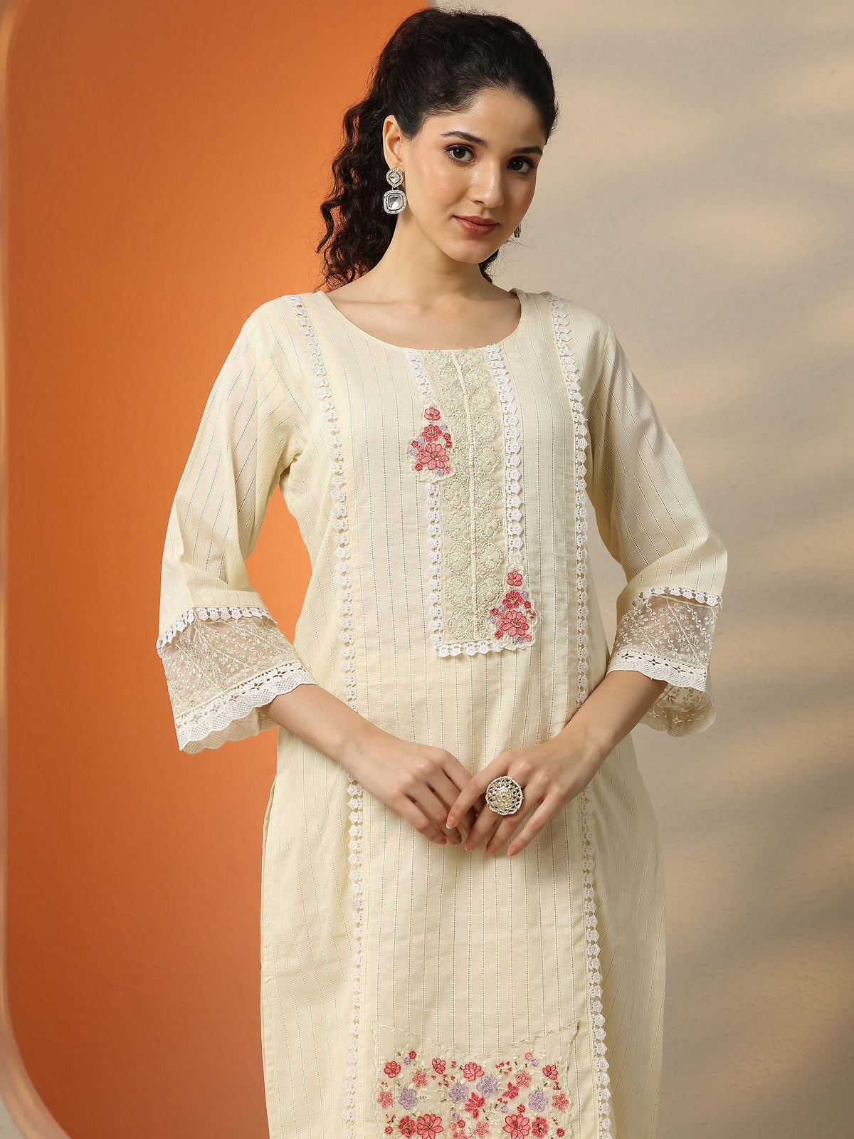 Anouk Off White Embroidered Cotton Straight Suit Set With Dupatta