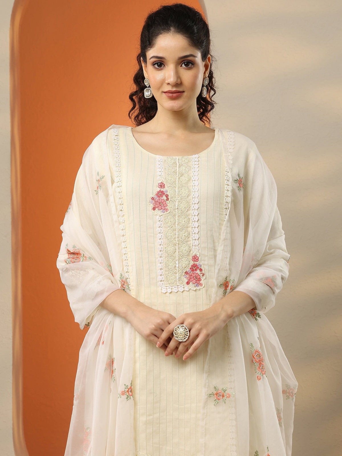 Anouk Off White Embroidered Cotton Straight Suit Set With Dupatta