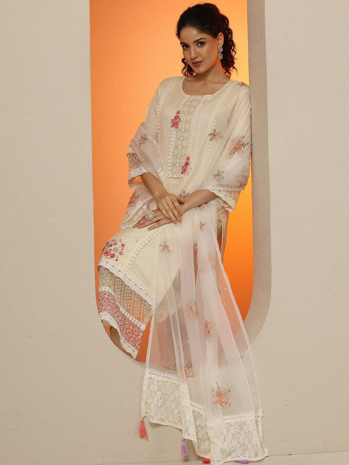 Anouk Off White Embroidered Cotton Straight Suit Set With Dupatta
