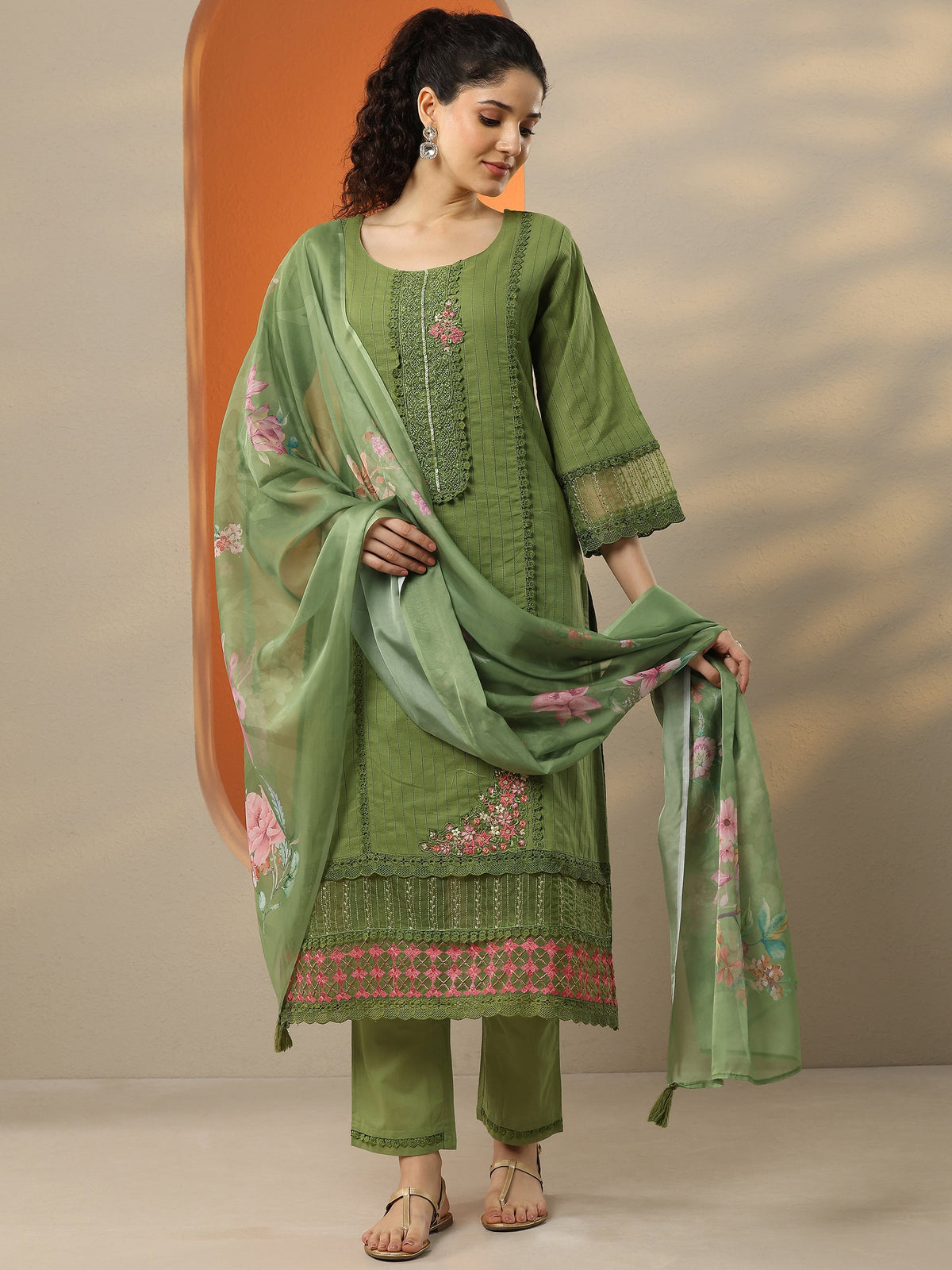 Anouk Green Embroidered Cotton Straight Suit Set With Dupatta