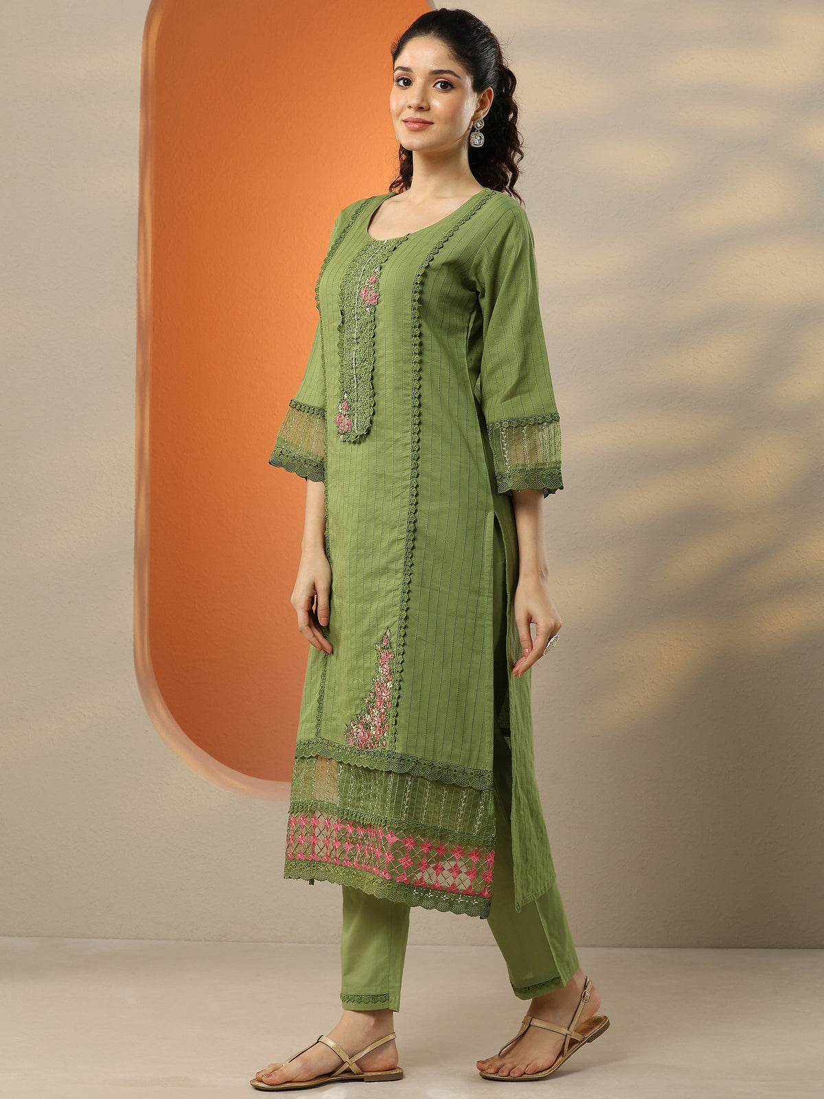 Anouk Green Embroidered Cotton Straight Suit Set With Dupatta