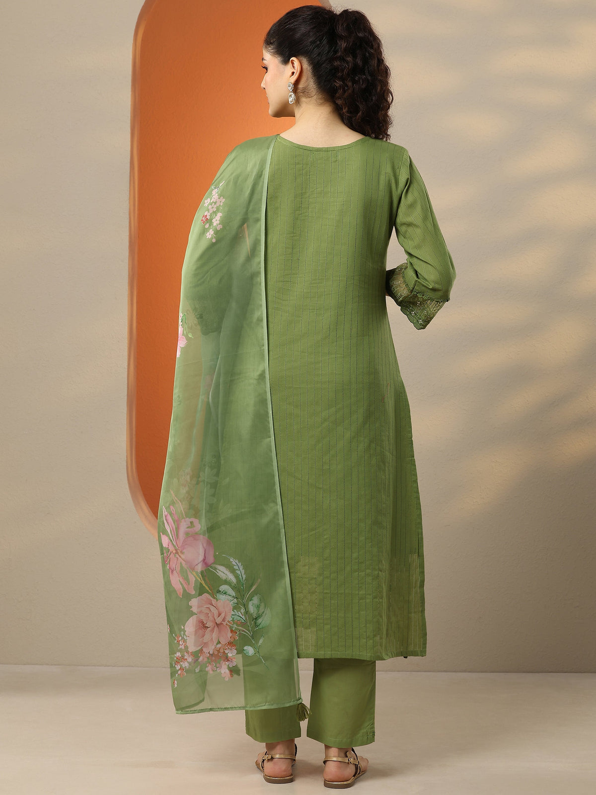 Anouk Green Embroidered Cotton Straight Suit Set With Dupatta