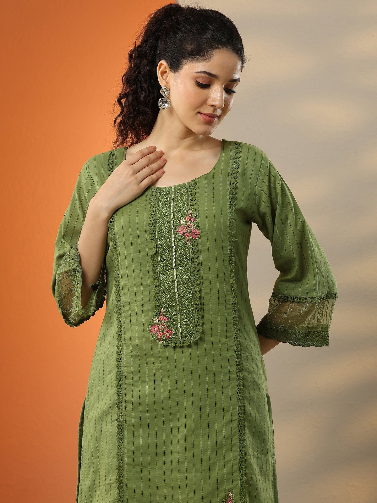 Anouk Green Embroidered Cotton Straight Suit Set With Dupatta