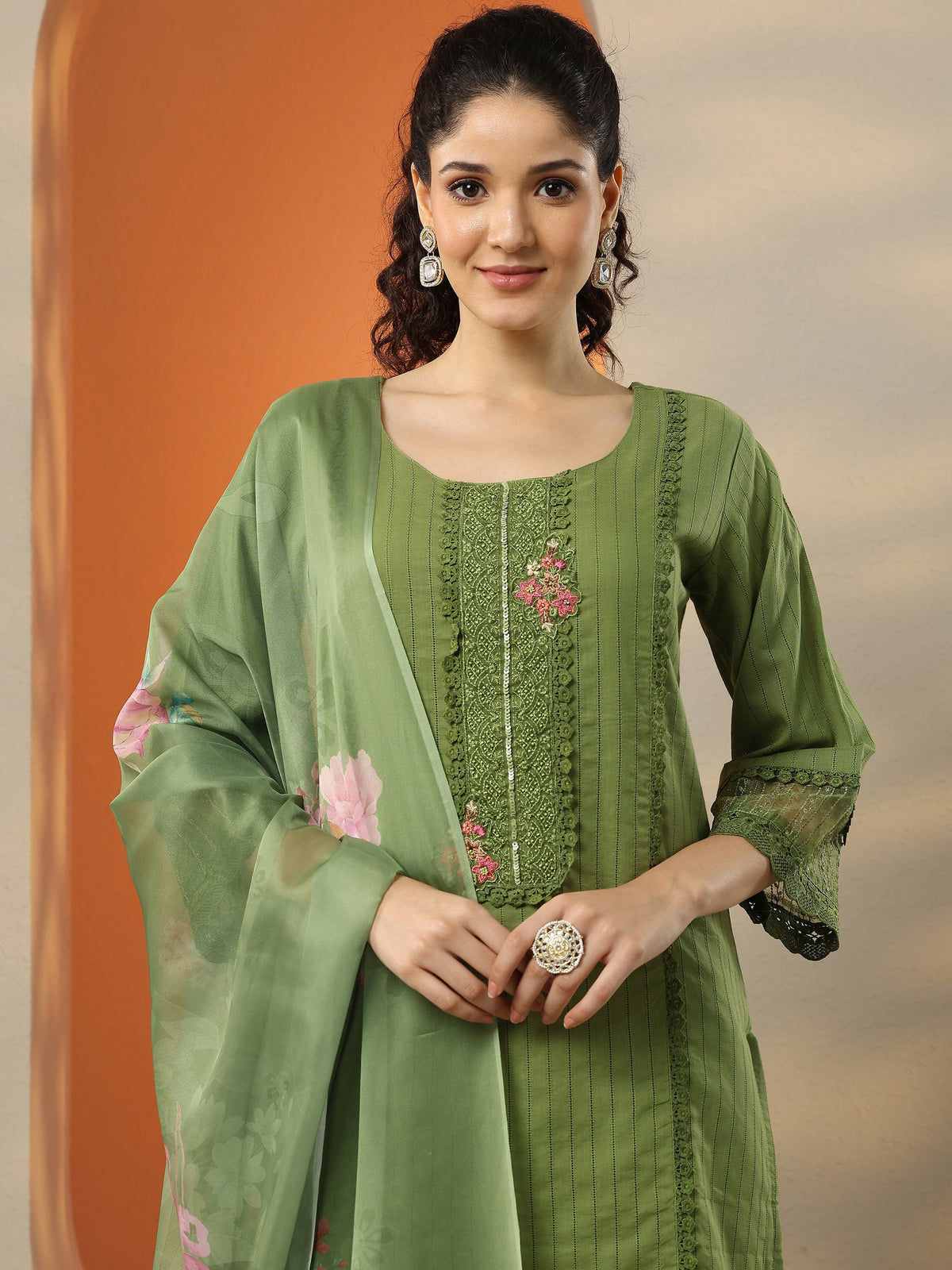 Anouk Green Embroidered Cotton Straight Suit Set With Dupatta