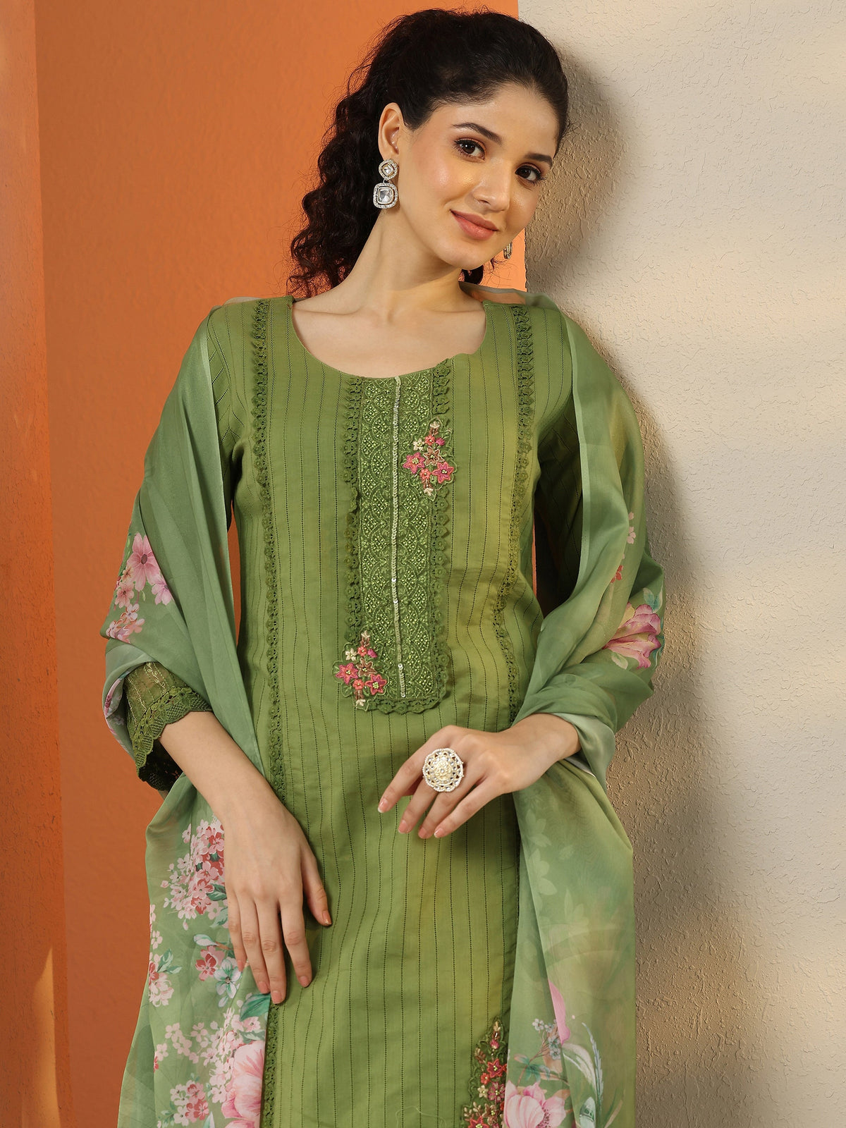 Anouk Green Embroidered Cotton Straight Suit Set With Dupatta