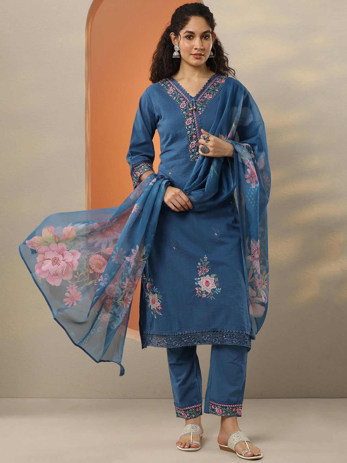 Anouk Blue Embroidered Cotton Blend  A-Line Suit Set With Dupatta