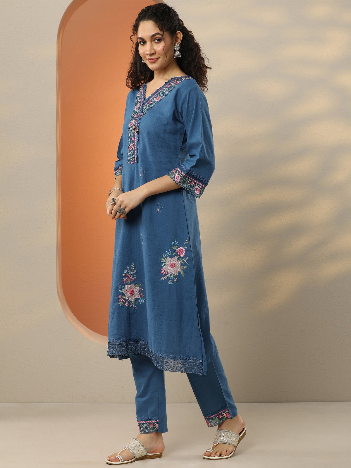Anouk Blue Embroidered Cotton Blend  A-Line Suit Set With Dupatta