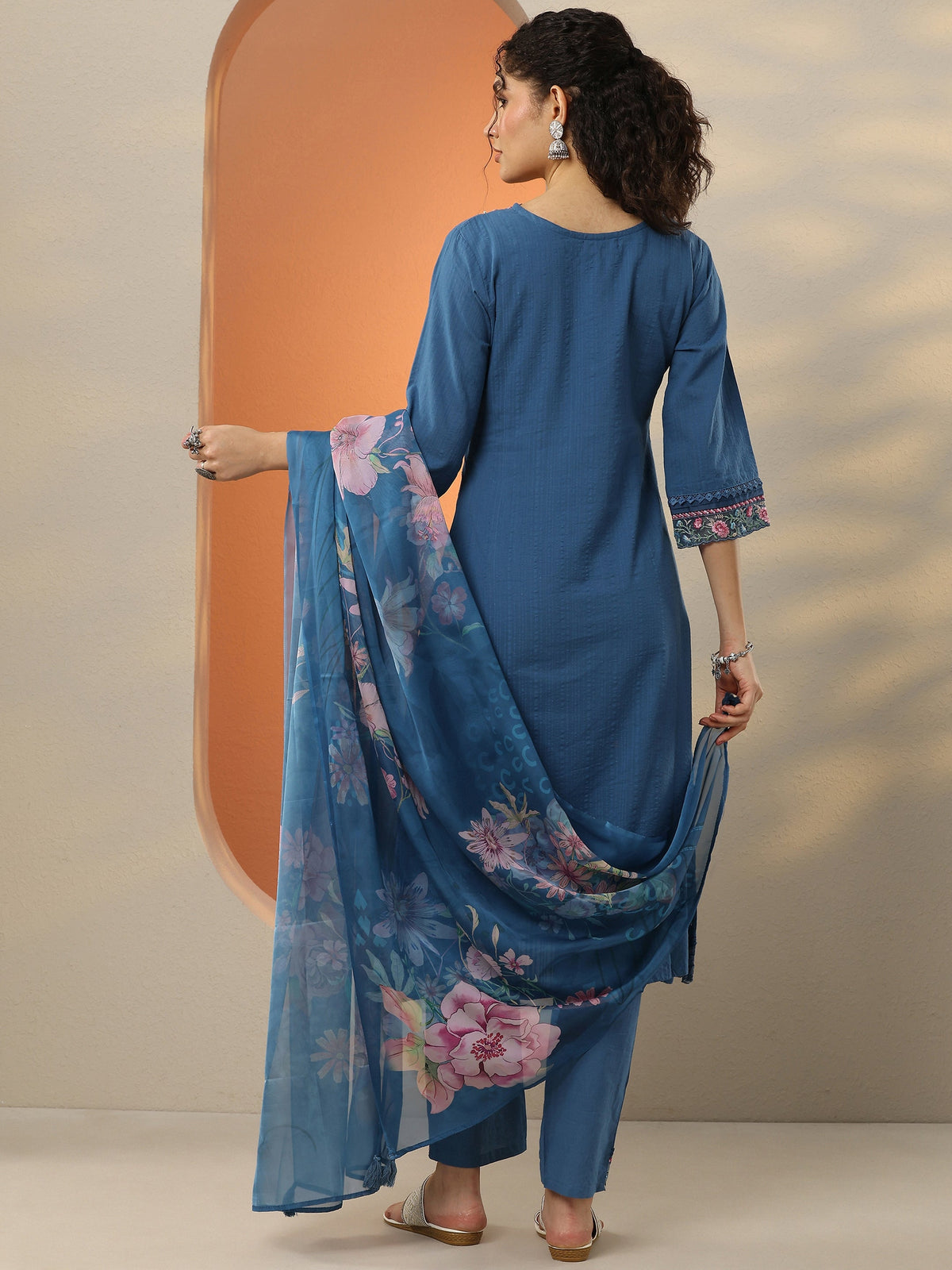 Anouk Blue Embroidered Cotton Blend  A-Line Suit Set With Dupatta