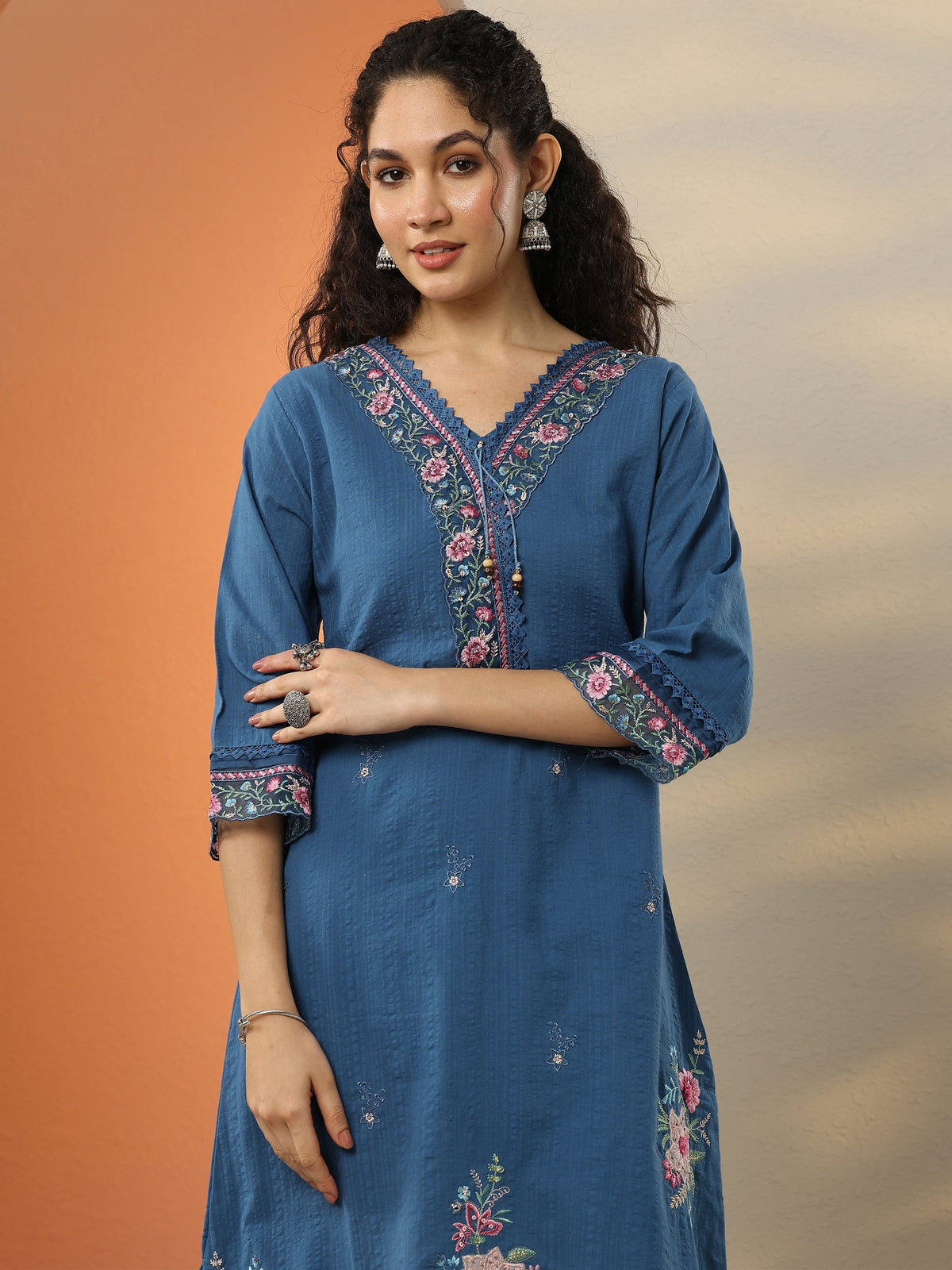 Anouk Blue Embroidered Cotton Blend  A-Line Suit Set With Dupatta