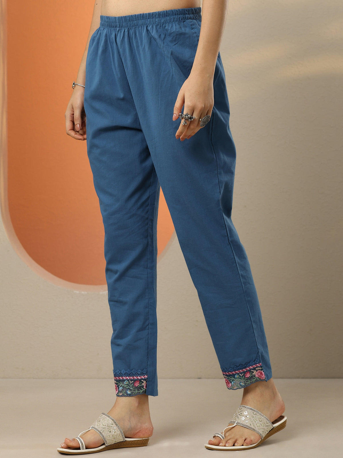 Anouk Blue Embroidered Cotton Blend  A-Line Suit Set With Dupatta