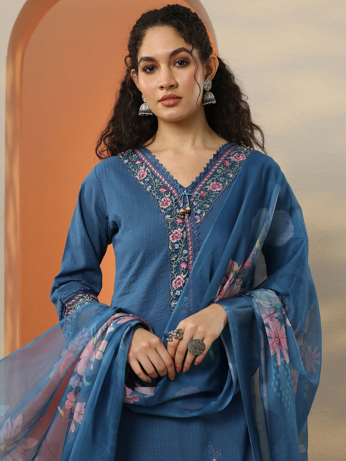 Anouk Blue Embroidered Cotton Blend  A-Line Suit Set With Dupatta