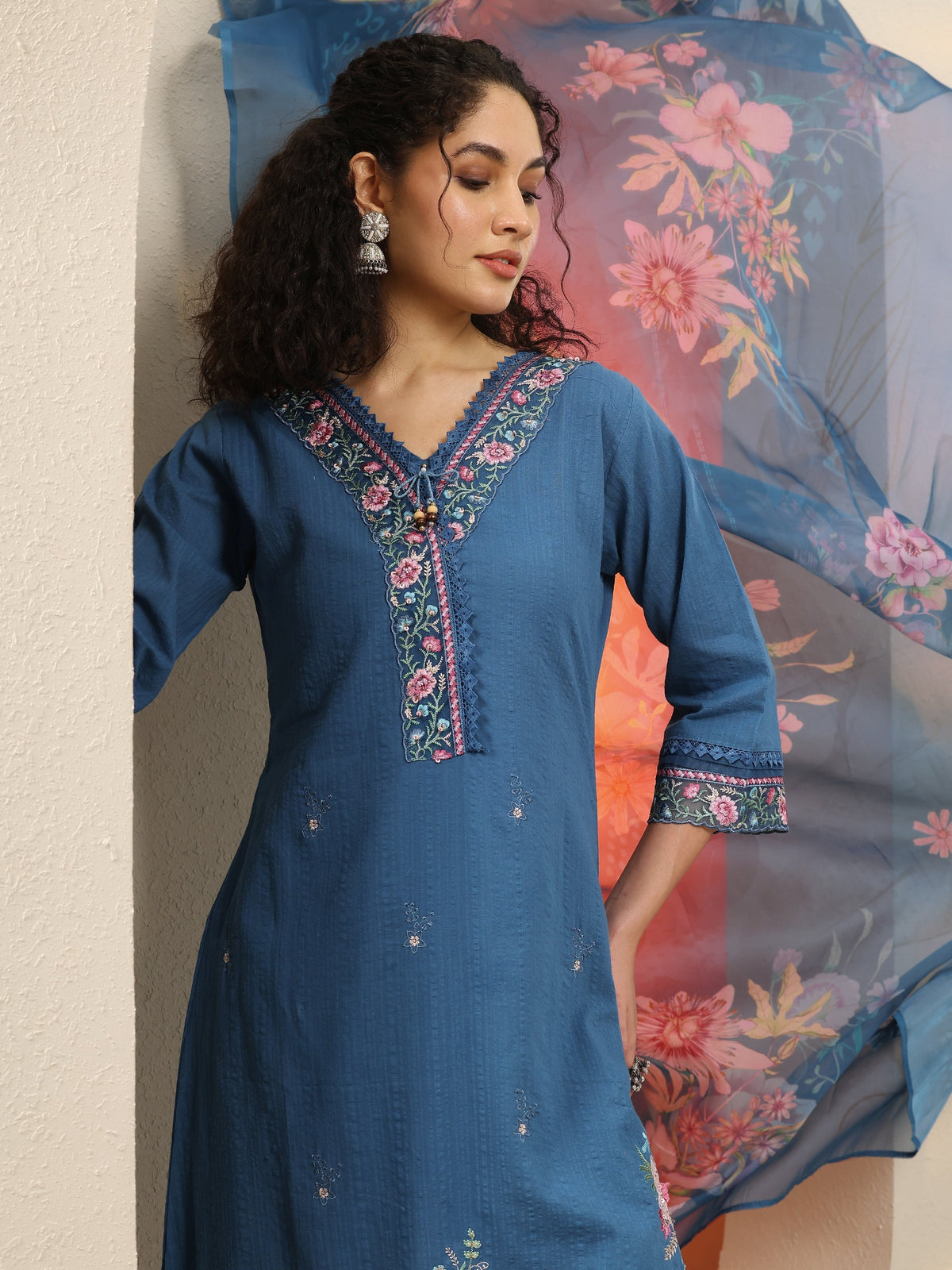 Anouk Blue Embroidered Cotton Blend  A-Line Suit Set With Dupatta