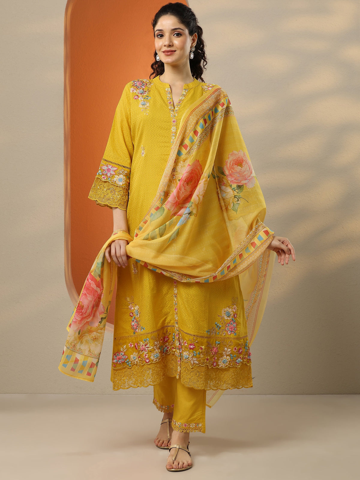 Anouk Yellow Embroidered Cotton Straight Suit Set With Dupatta