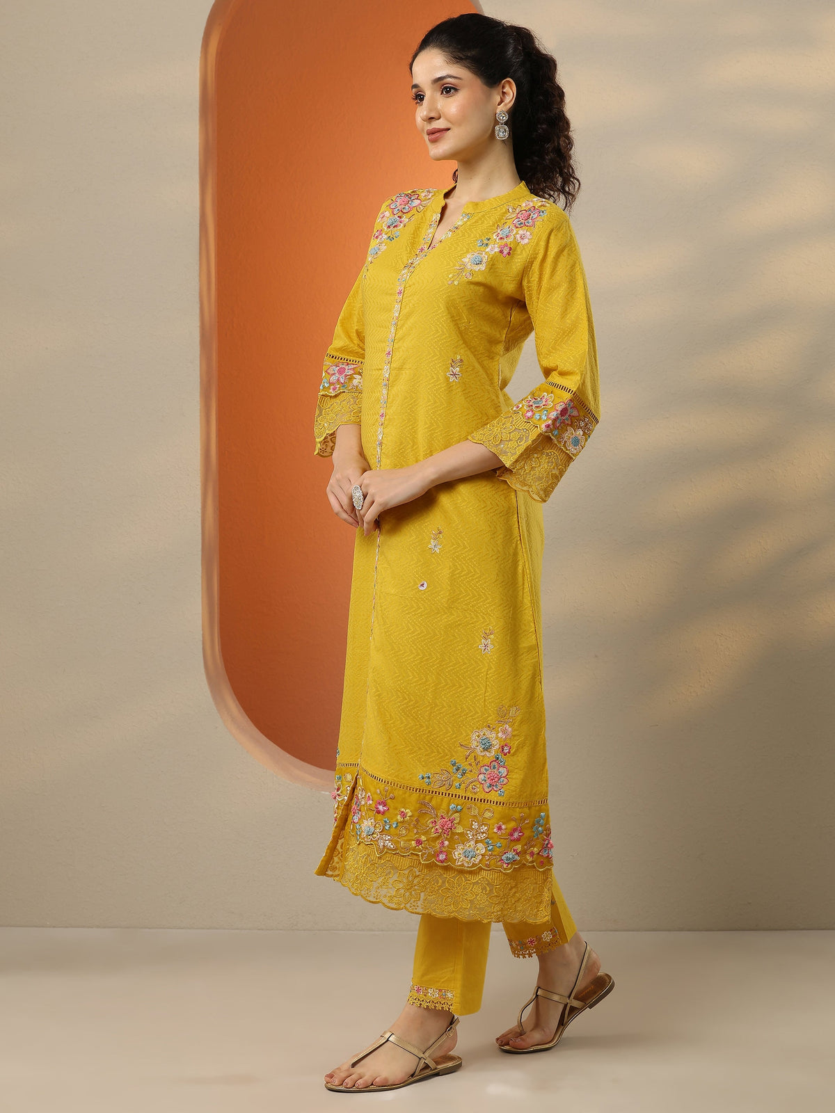 Anouk Yellow Embroidered Cotton Straight Suit Set With Dupatta