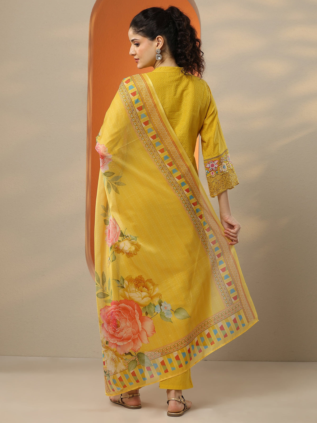 Anouk Yellow Embroidered Cotton Straight Suit Set With Dupatta