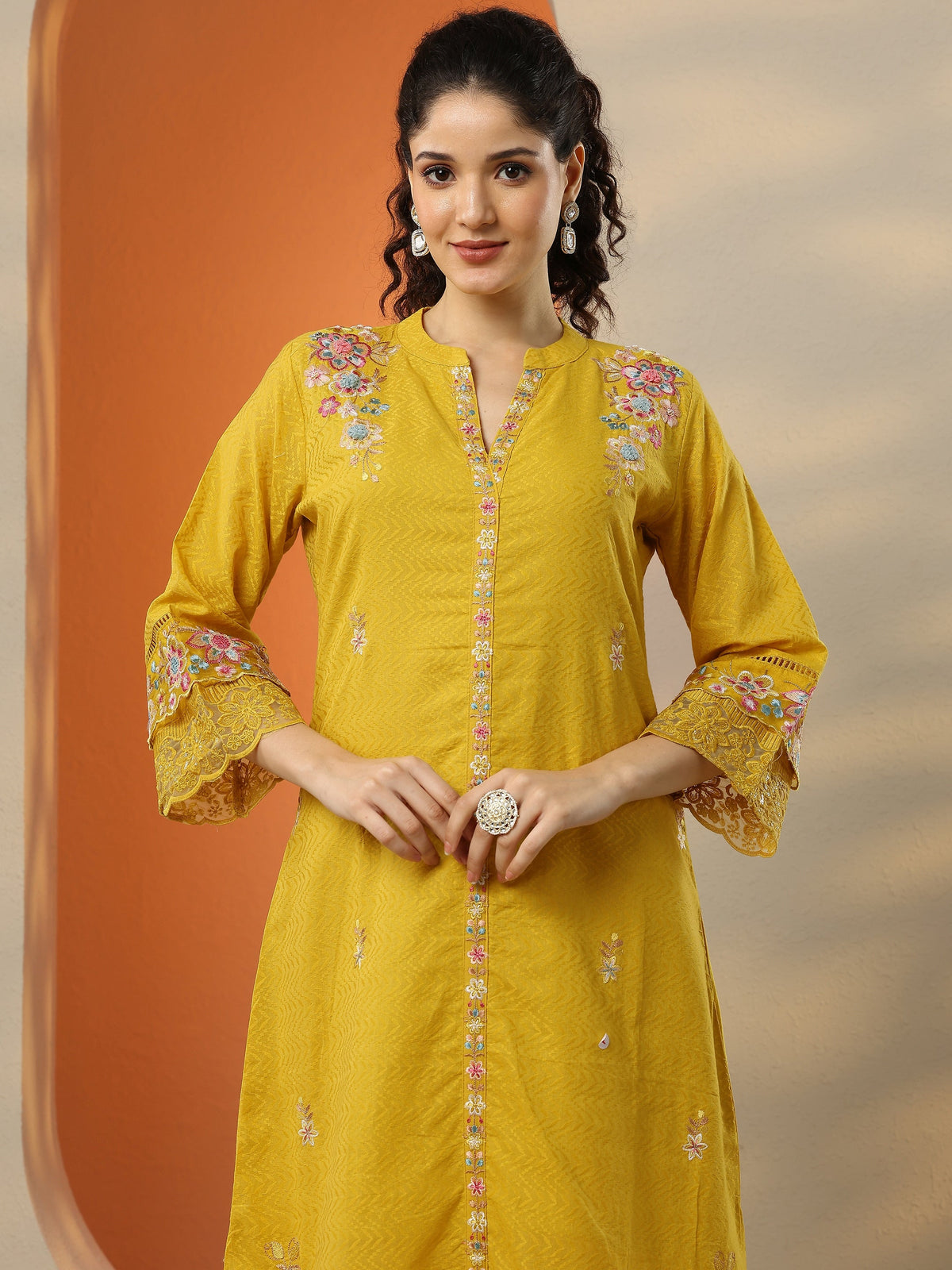 Anouk Yellow Embroidered Cotton Straight Suit Set With Dupatta