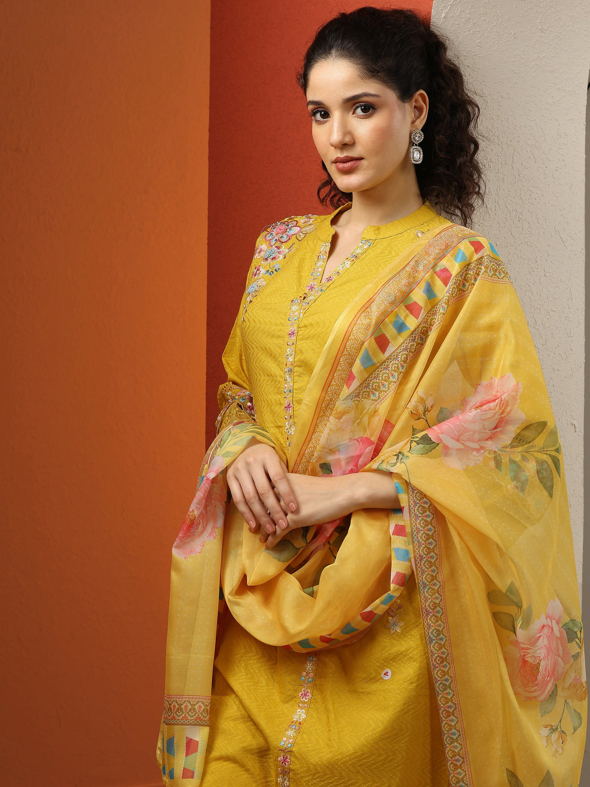 Anouk Yellow Embroidered Cotton Straight Suit Set With Dupatta