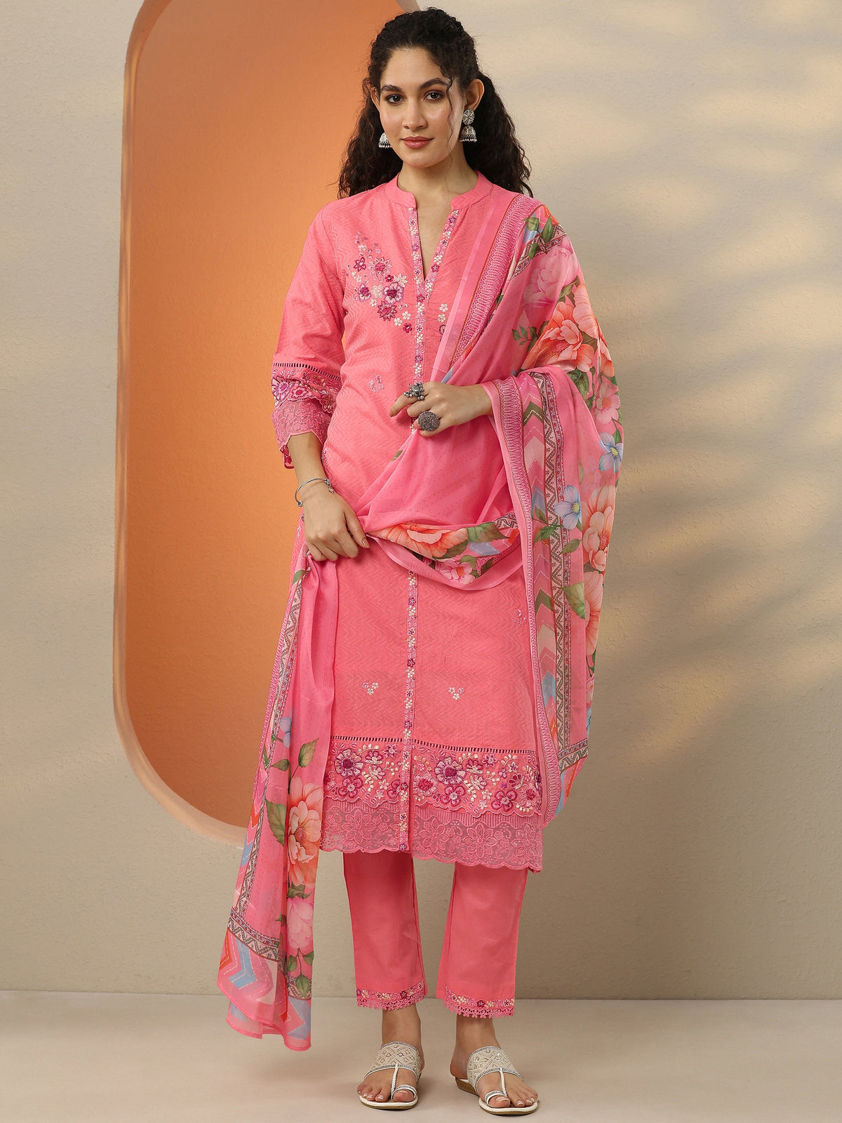 Anouk Coral Embroidered Cotton Blend  A-Line Suit Set With Dupatta
