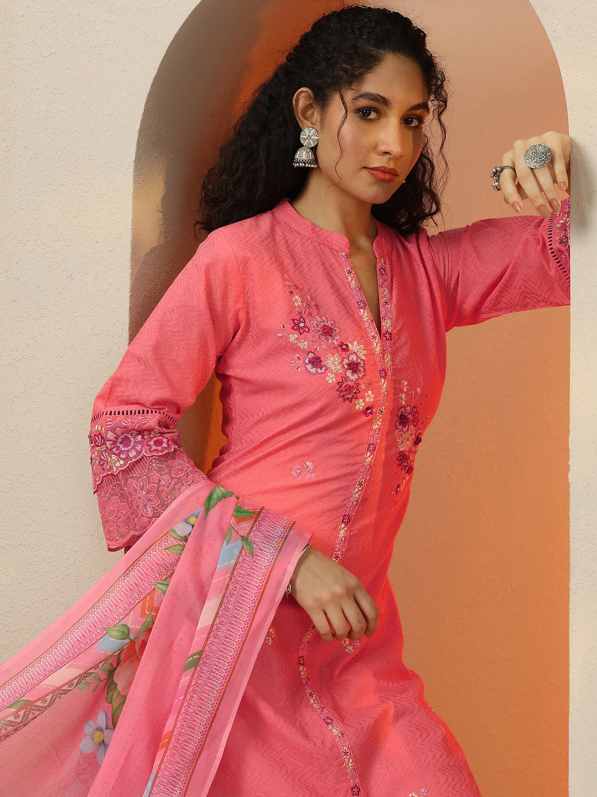 Anouk Coral Embroidered Cotton Blend  A-Line Suit Set With Dupatta