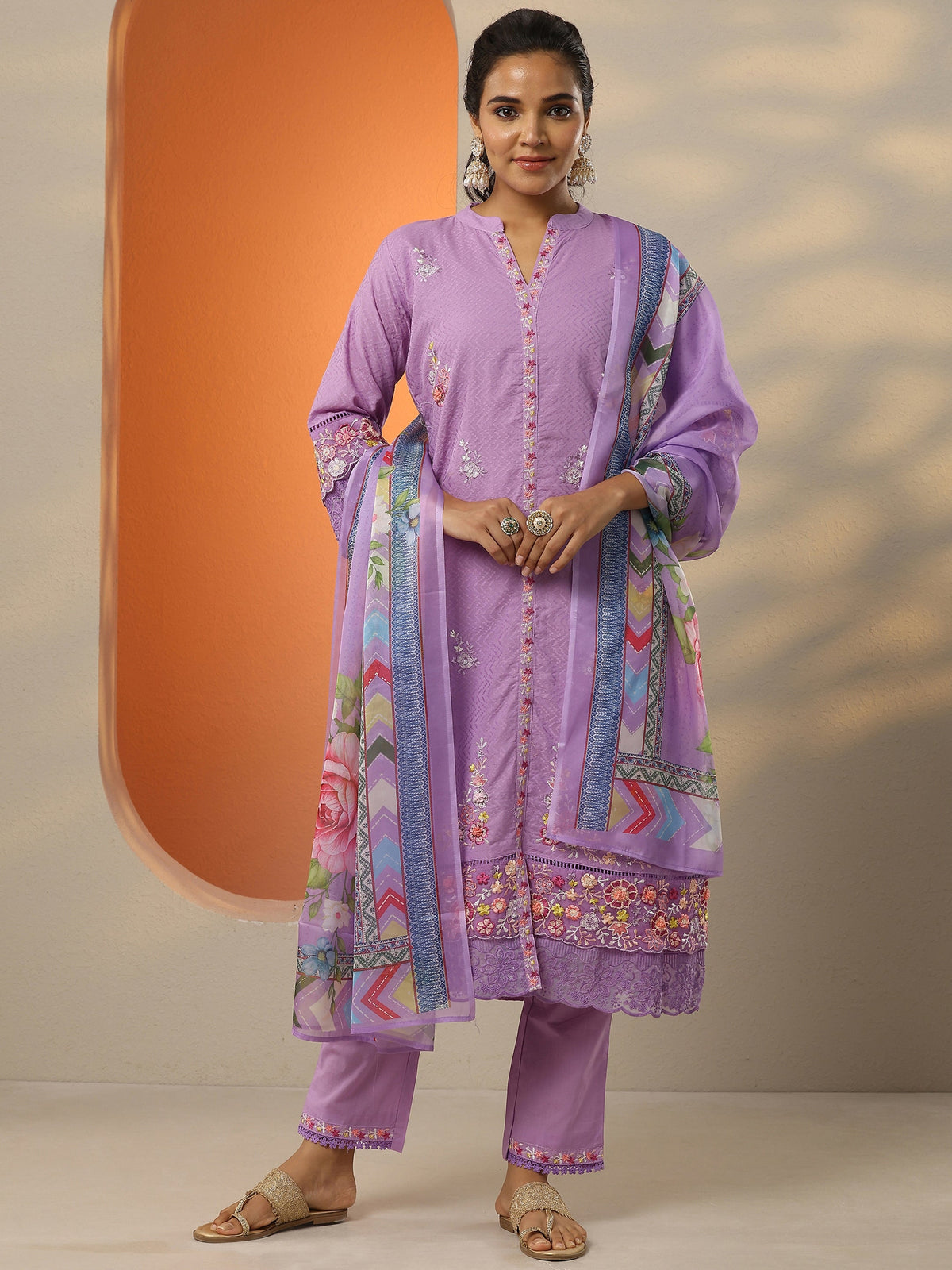 Anouk Lavender Embroidered Cotton Straight Suit Set With Dupatta