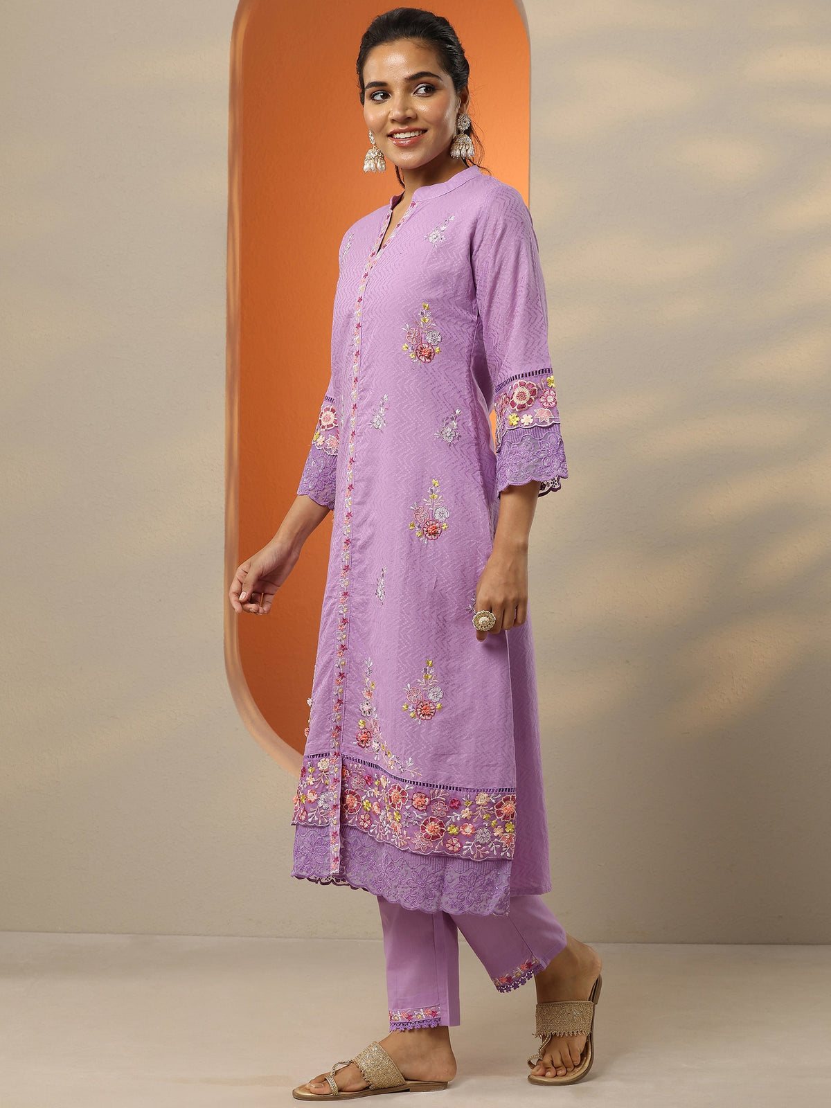 Anouk Lavender Embroidered Cotton Straight Suit Set With Dupatta