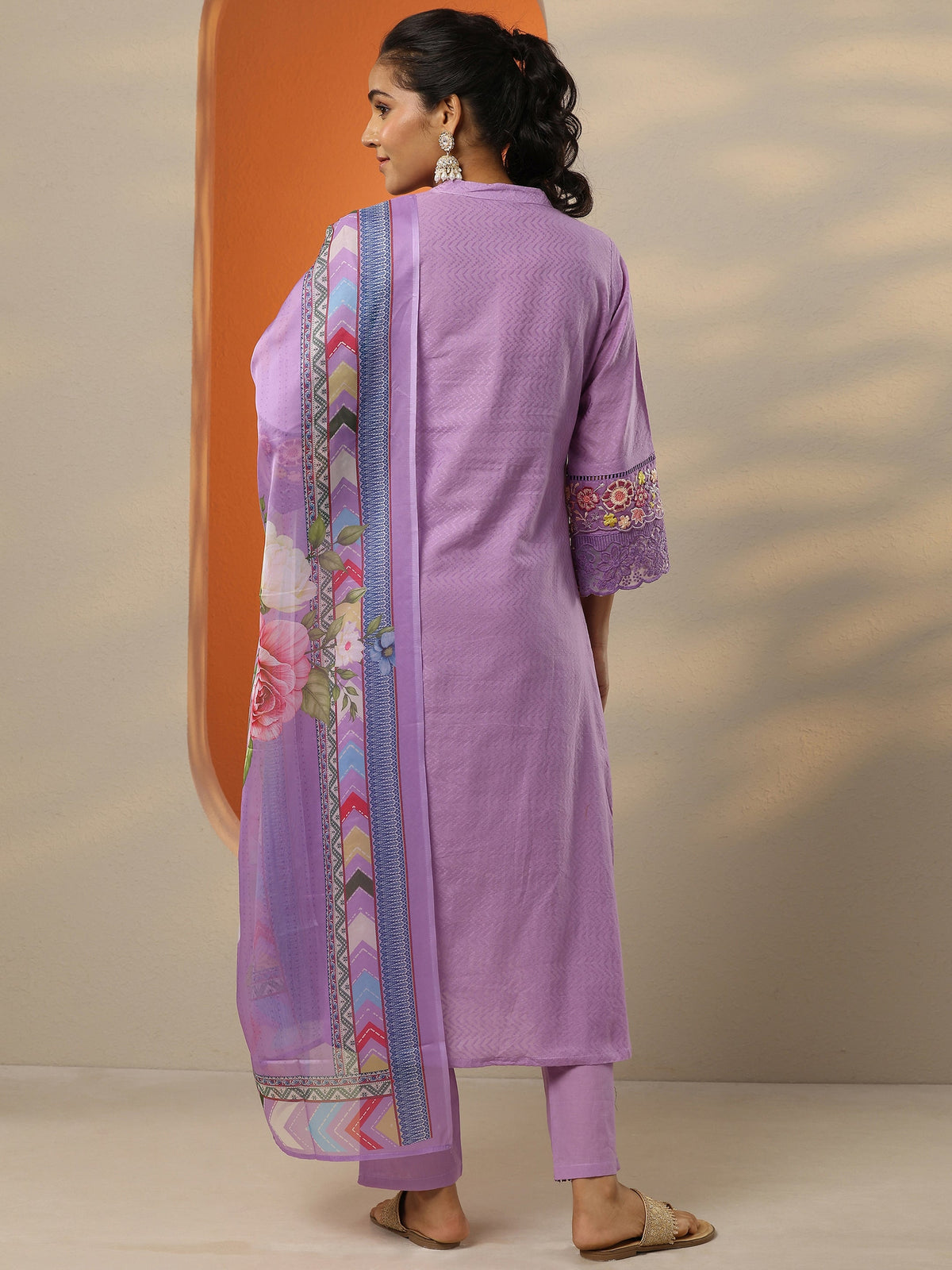 Anouk Lavender Embroidered Cotton Straight Suit Set With Dupatta