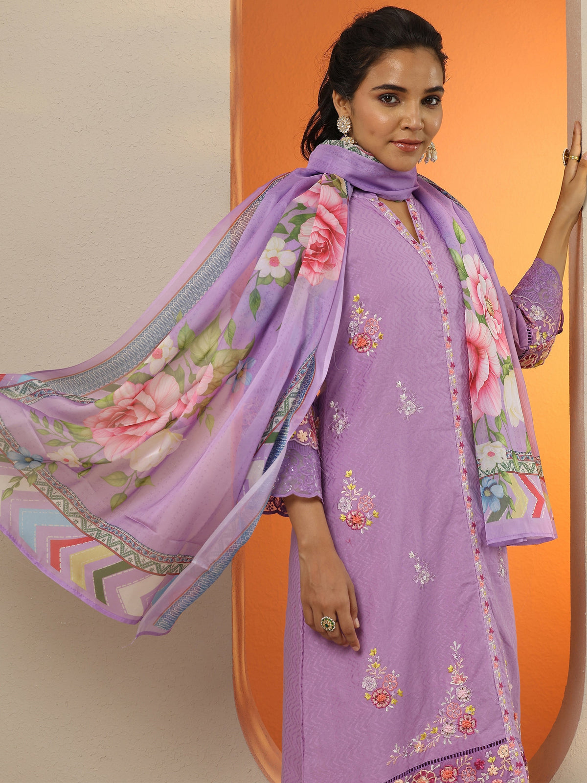 Anouk Lavender Embroidered Cotton Straight Suit Set With Dupatta