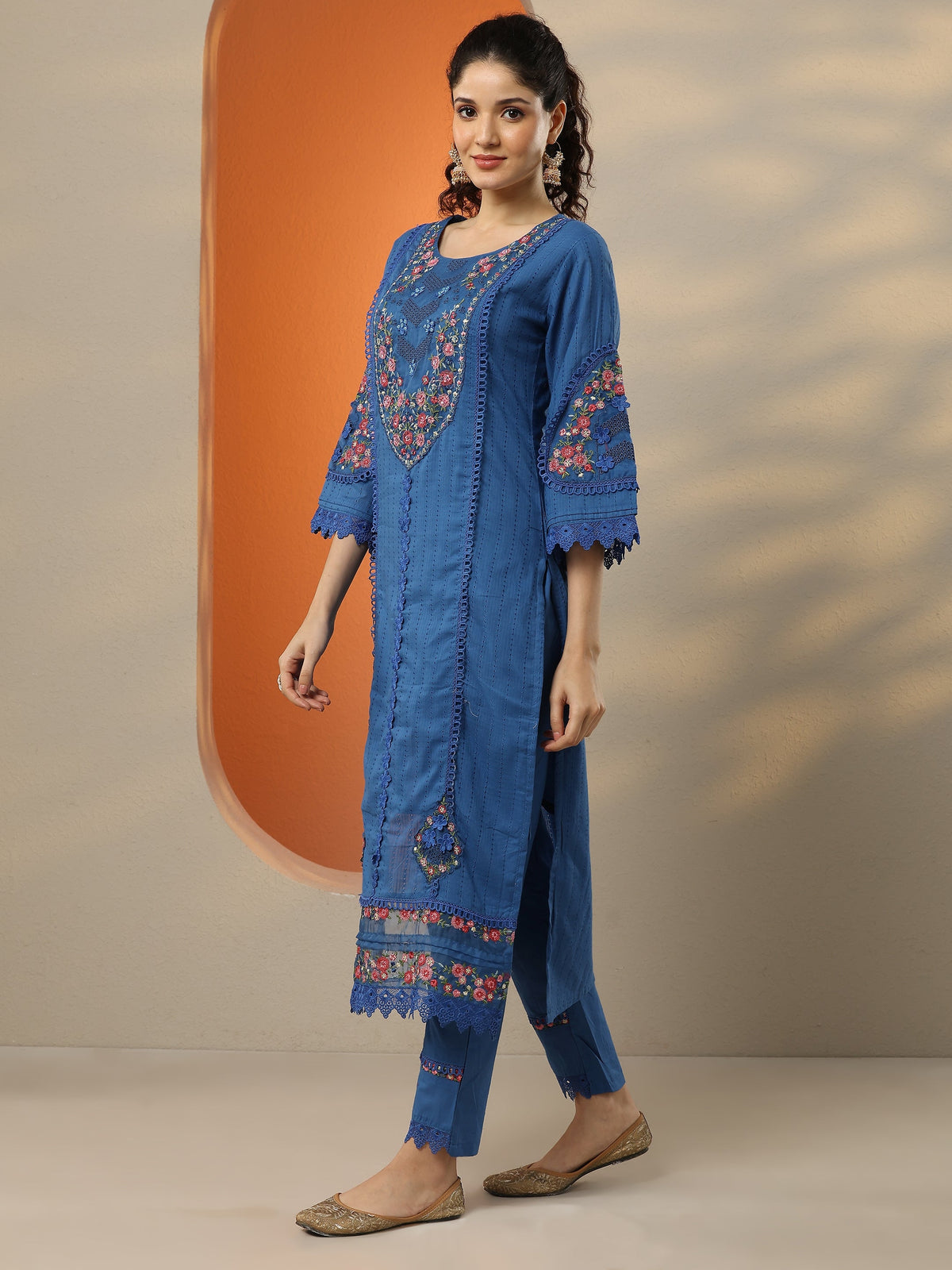 Anouk Blue Embroidered Cotton Straight Suit Set With Dupatta