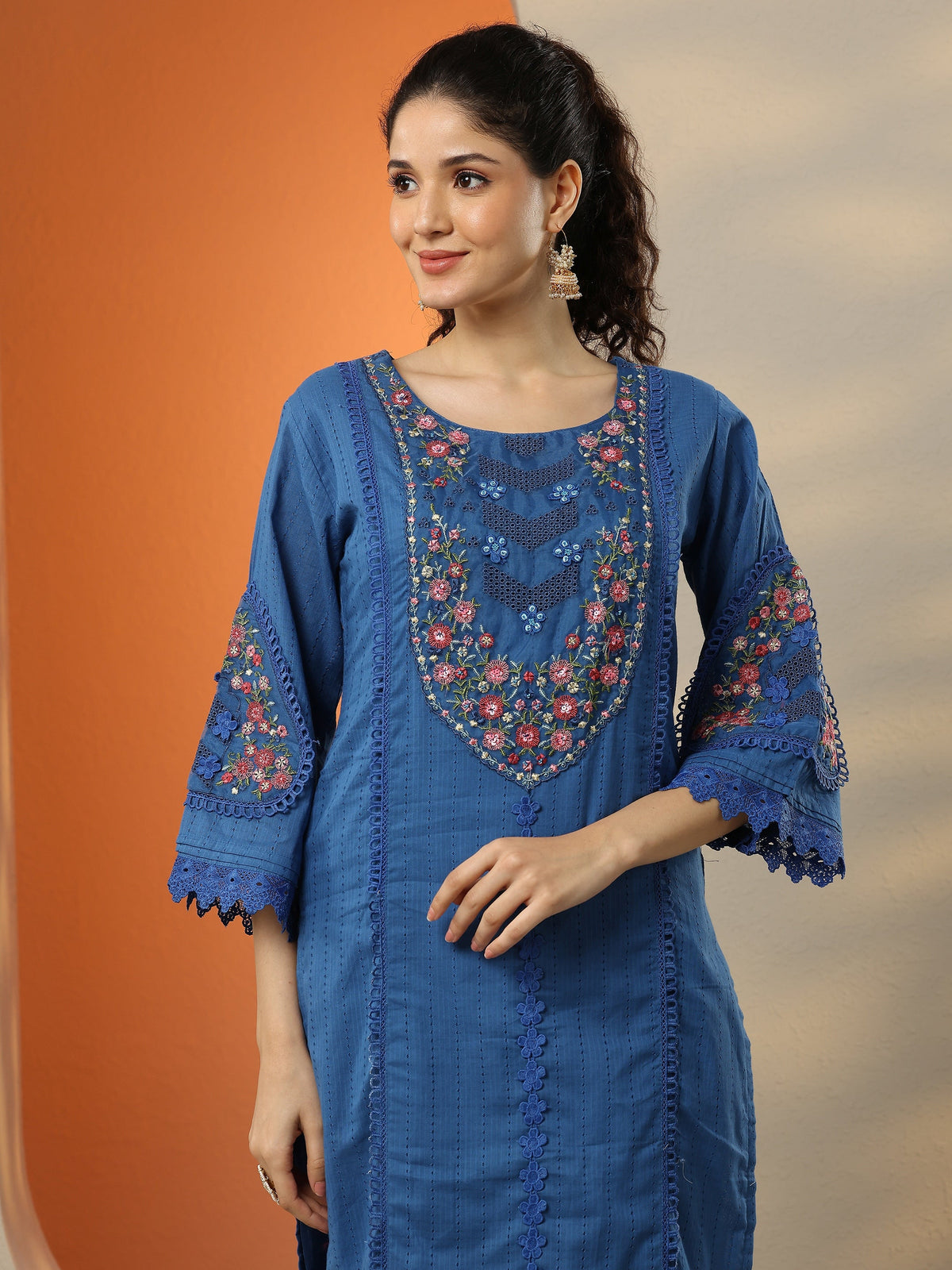 Anouk Blue Embroidered Cotton Straight Suit Set With Dupatta