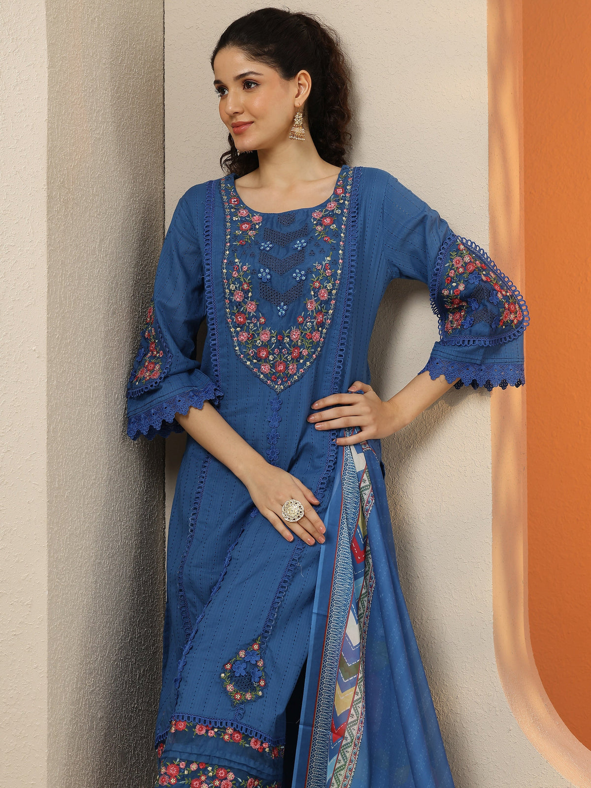Anouk Blue Embroidered Cotton Straight Suit Set With Dupatta