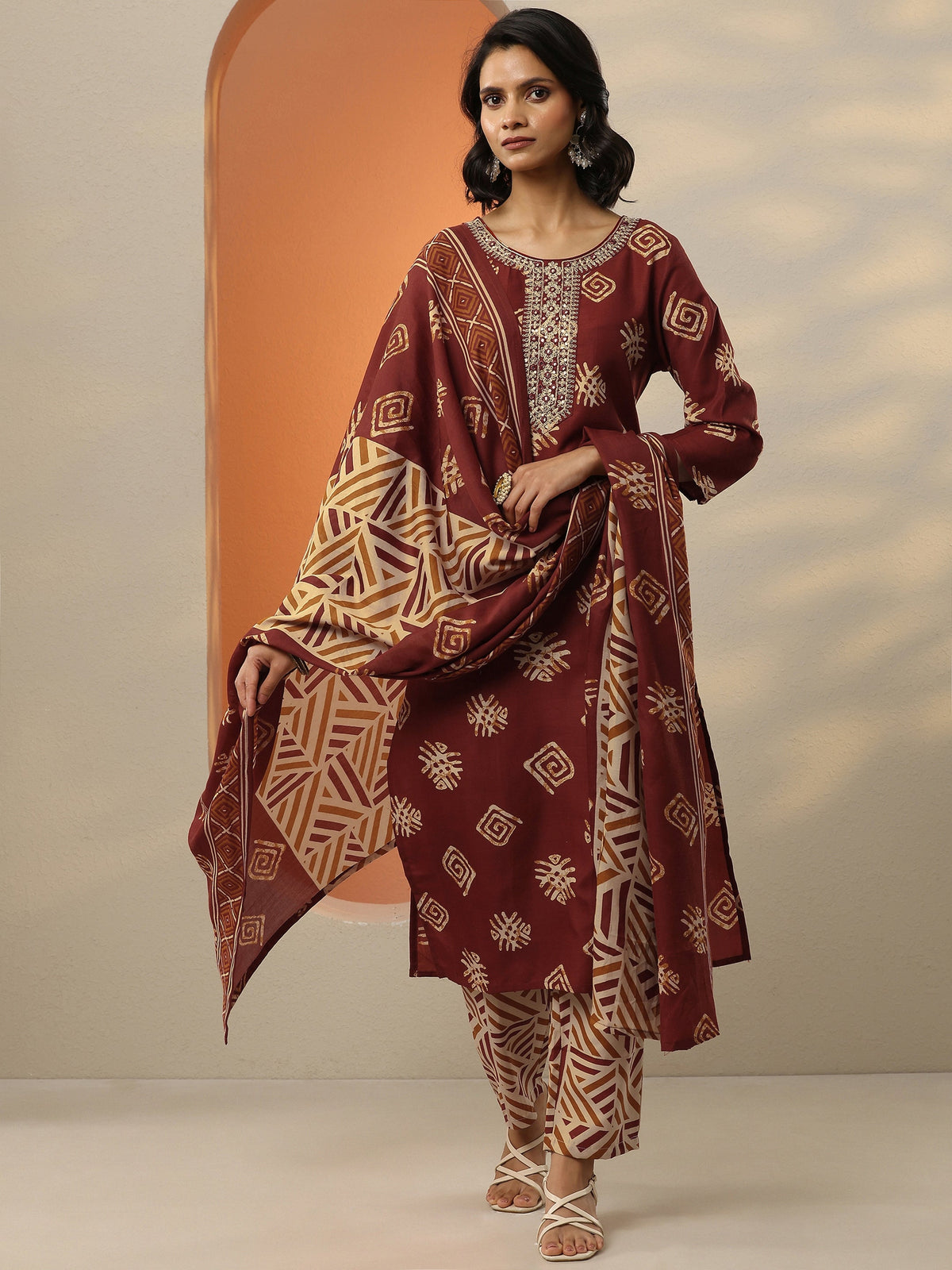 Anouk Maroon Printed Cotton Blend  Straight Suit Set With Dupatta
