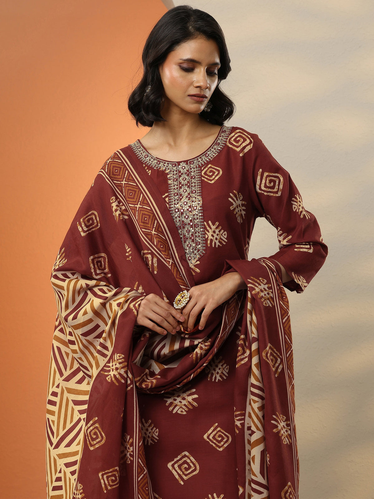 Anouk Maroon Printed Cotton Blend  Straight Suit Set With Dupatta