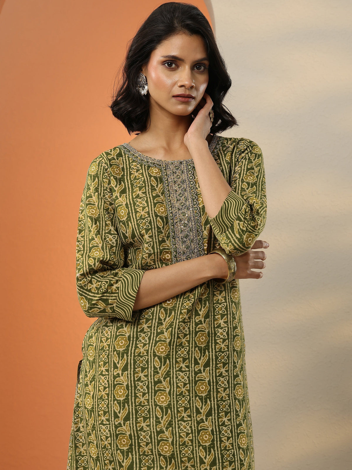 Anouk Green Printed Cotton Blend  Straight Suit Set With Dupatta