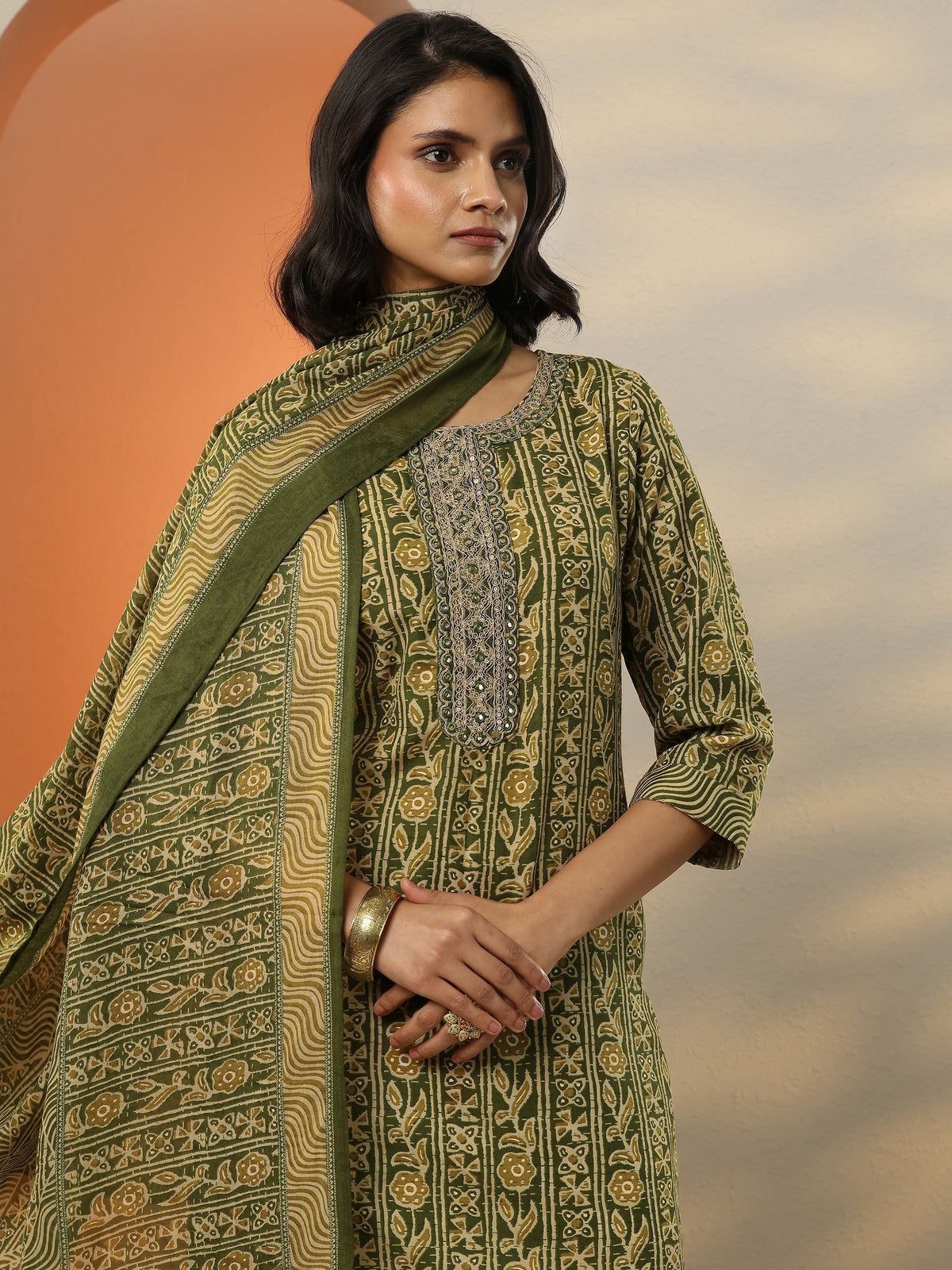 Anouk Green Printed Cotton Blend  Straight Suit Set With Dupatta