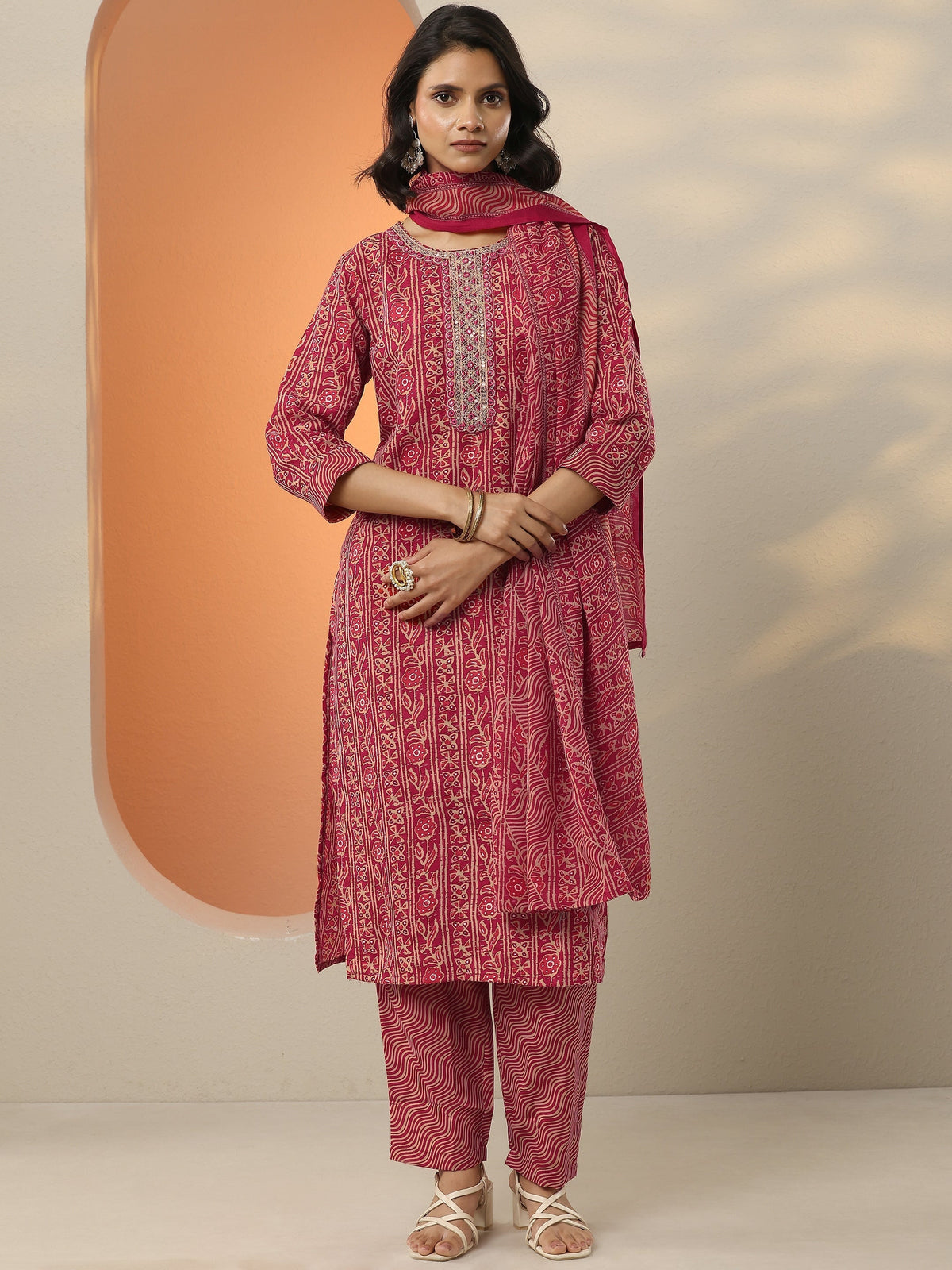 Anouk Pink Printed Cotton Blend  Straight Suit Set With Dupatta