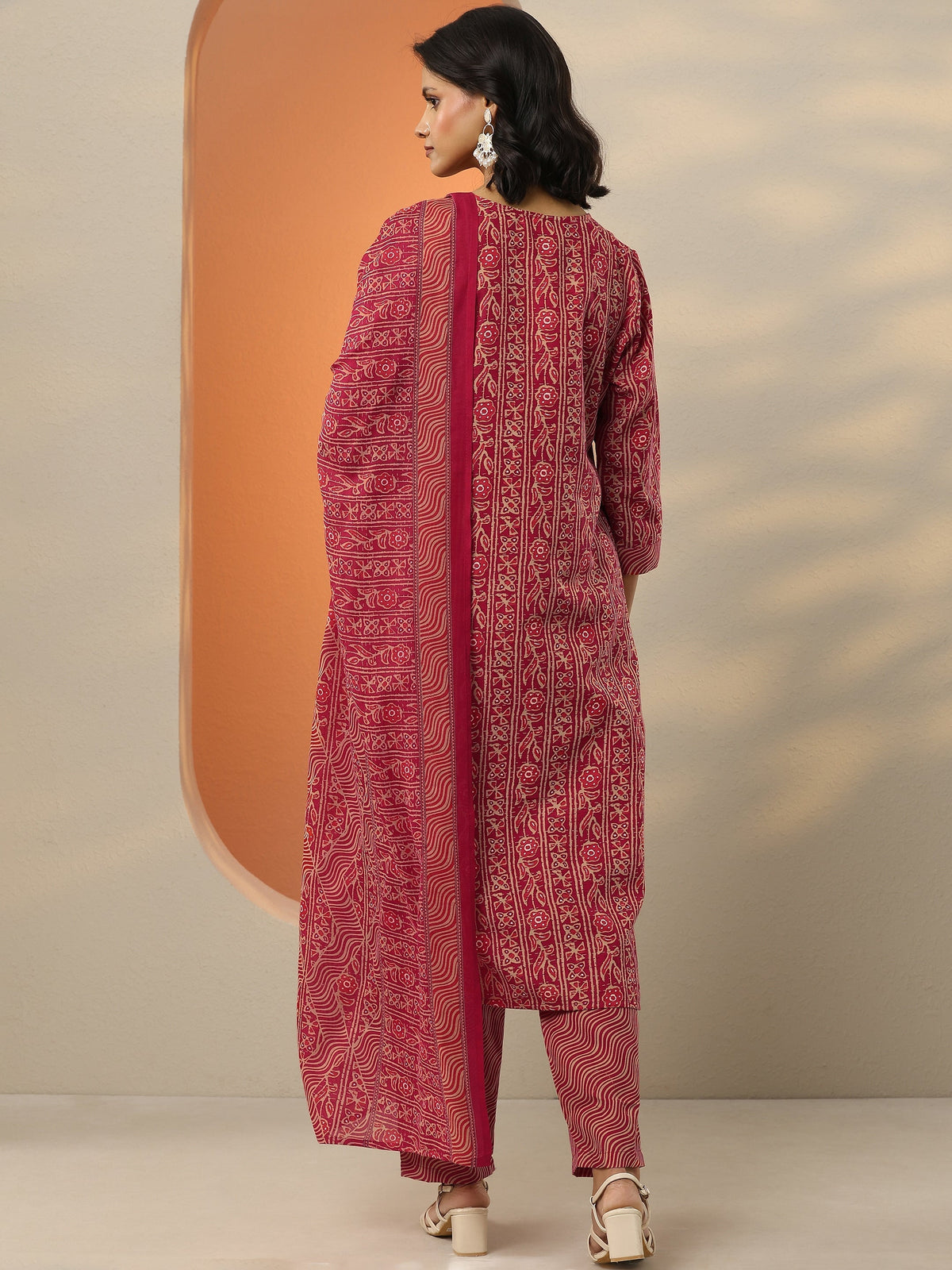 Anouk Pink Printed Cotton Blend  Straight Suit Set With Dupatta