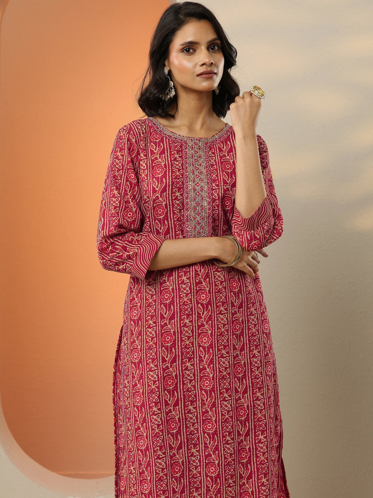 Anouk Pink Printed Cotton Blend  Straight Suit Set With Dupatta