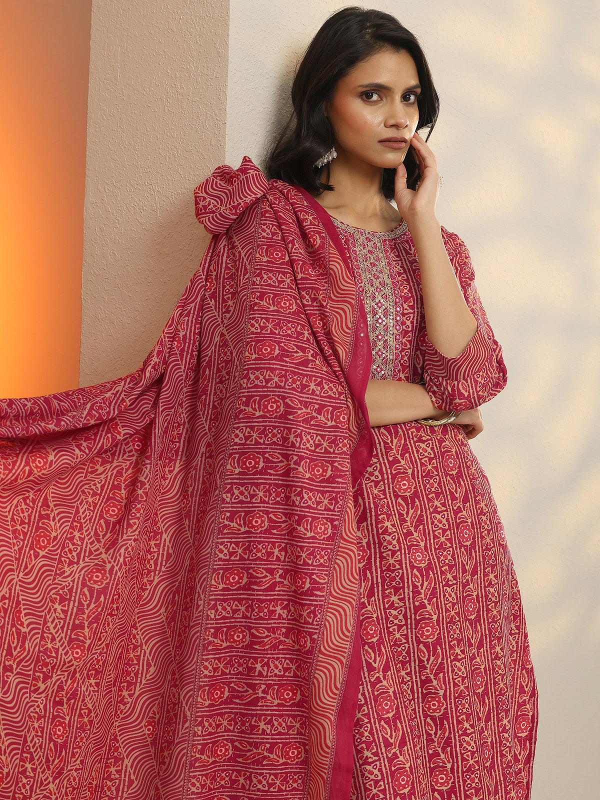 Anouk Pink Printed Cotton Blend  Straight Suit Set With Dupatta