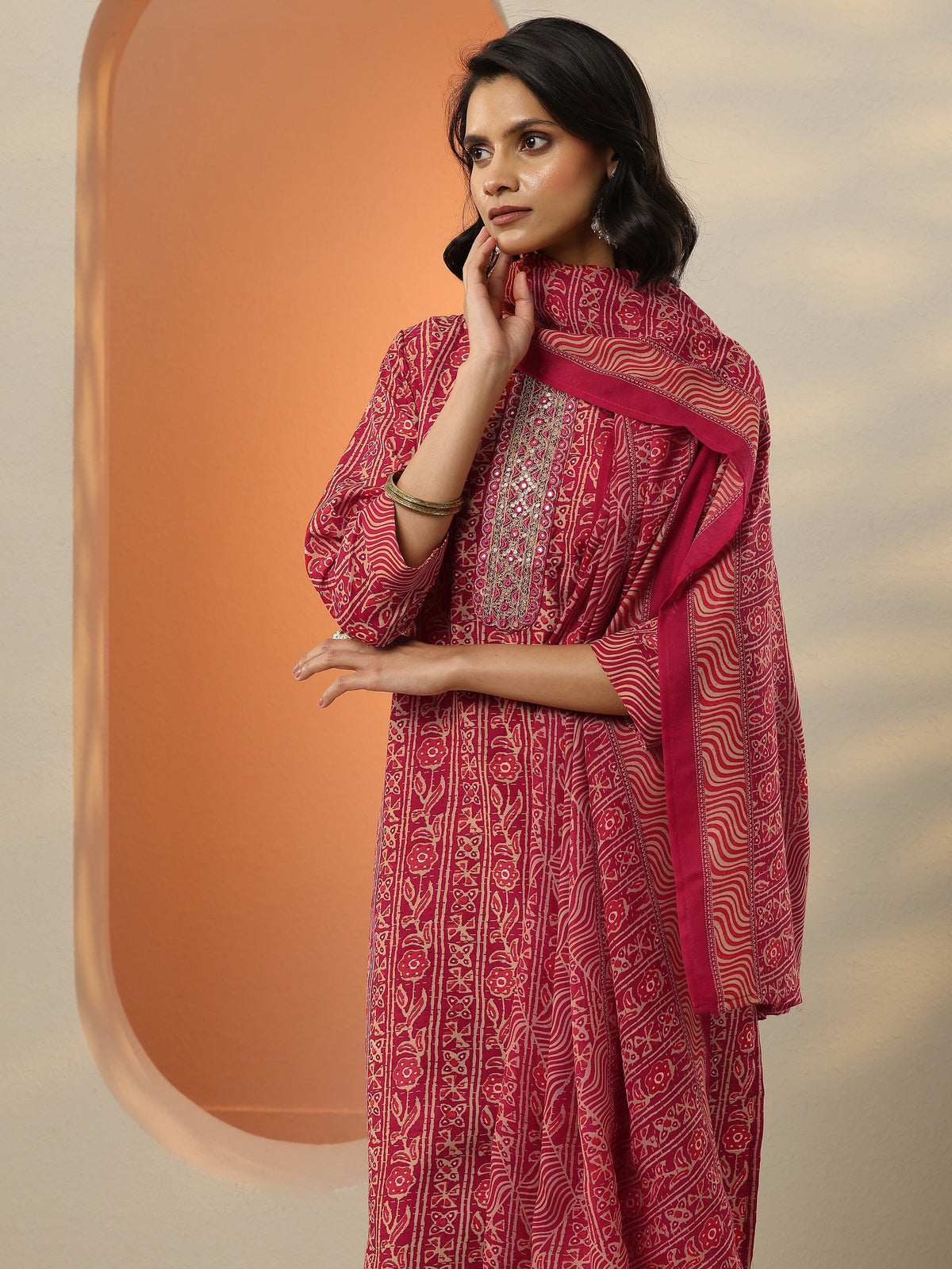 Anouk Pink Printed Cotton Blend  Straight Suit Set With Dupatta