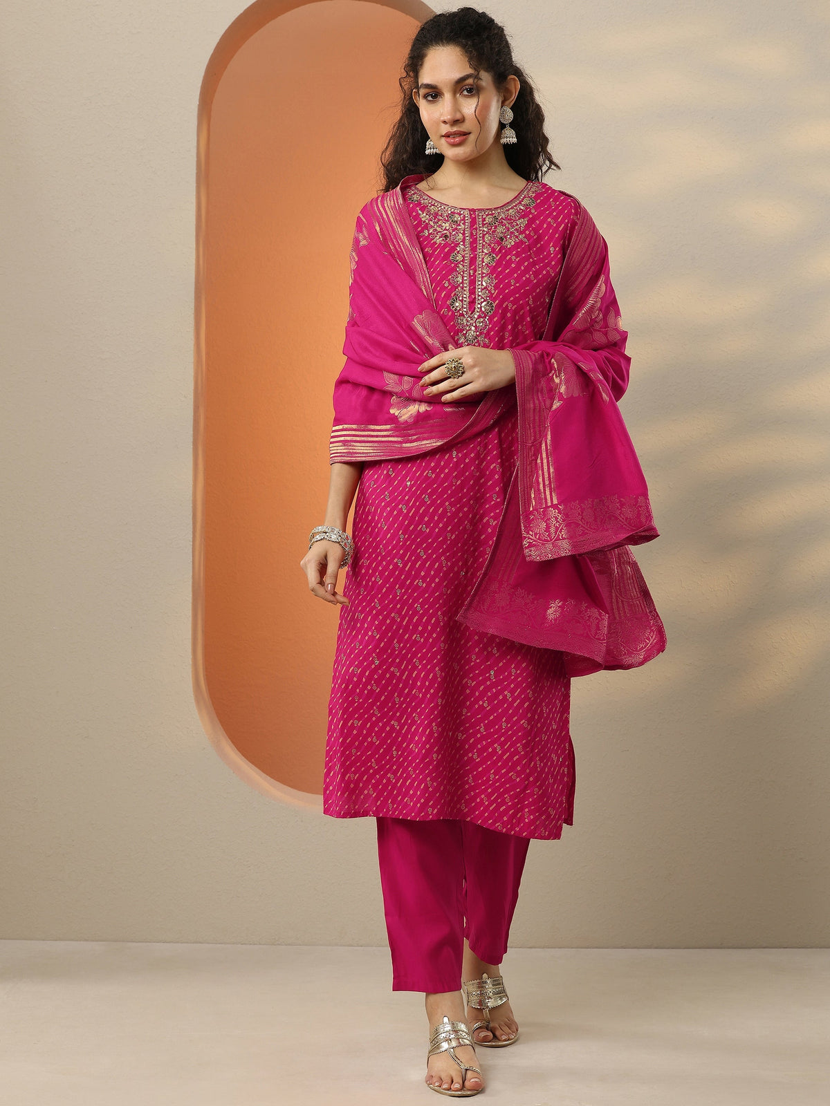 Anouk Pink Printed Silk Blend  Straight Suit Set With Dupatta
