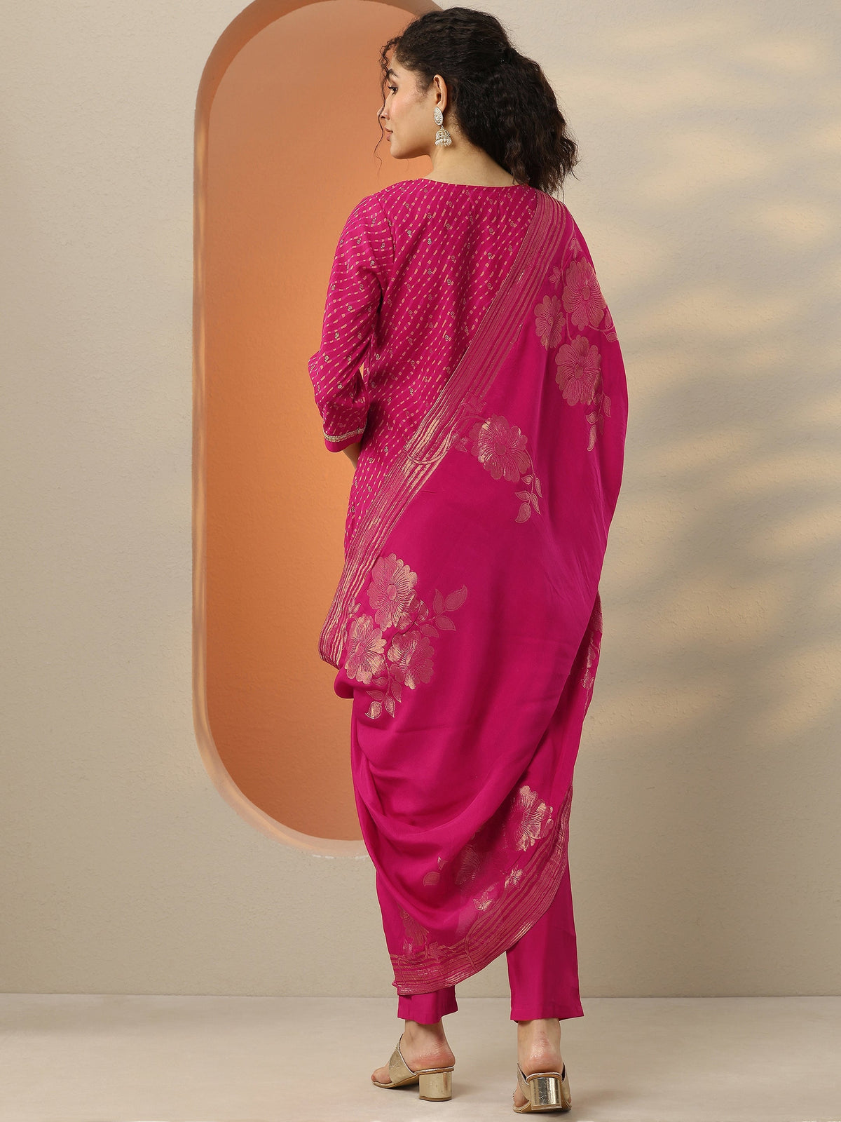 Anouk Pink Printed Silk Blend  Straight Suit Set With Dupatta