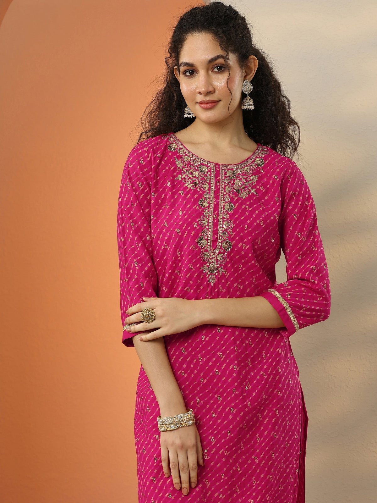 Anouk Pink Printed Silk Blend  Straight Suit Set With Dupatta