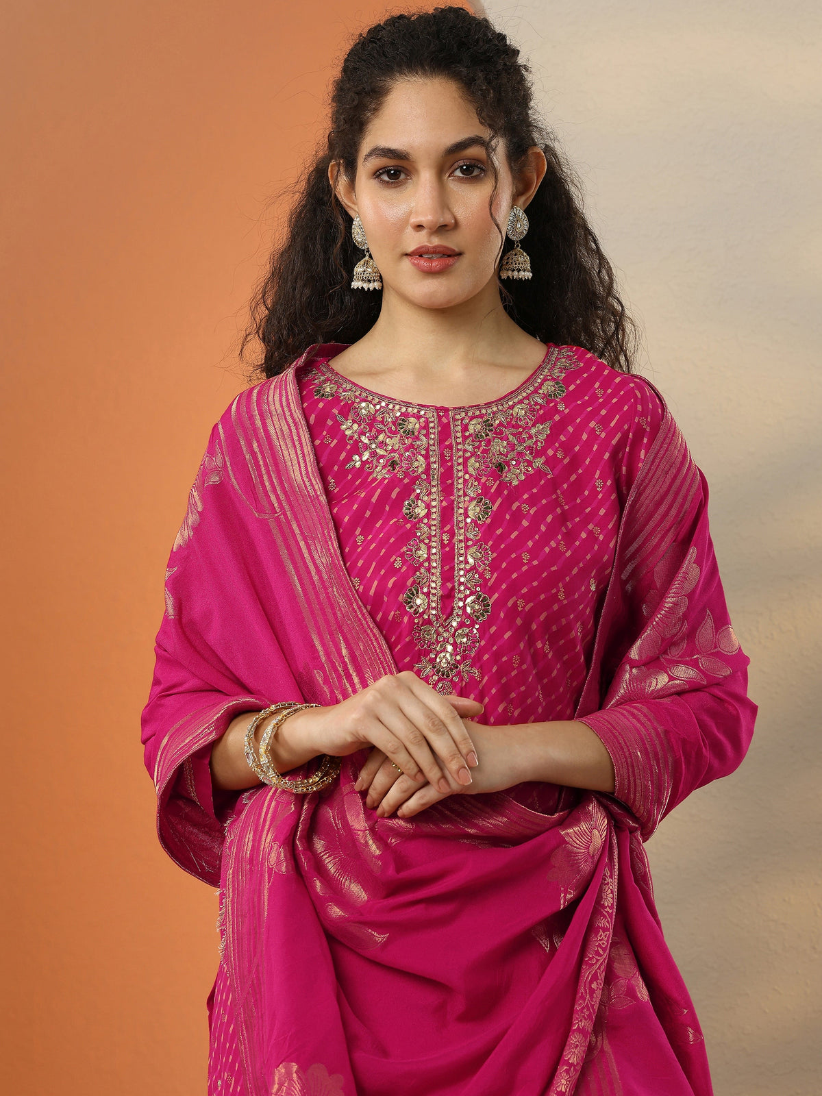 Anouk Pink Printed Silk Blend  Straight Suit Set With Dupatta