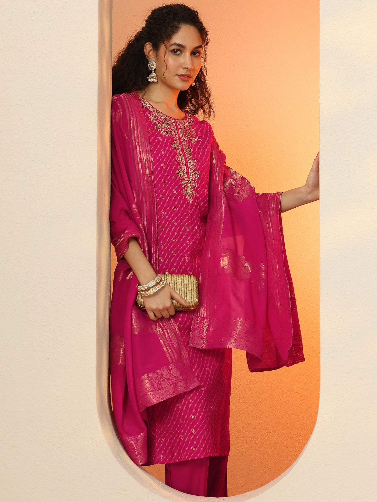 Anouk Pink Printed Silk Blend  Straight Suit Set With Dupatta