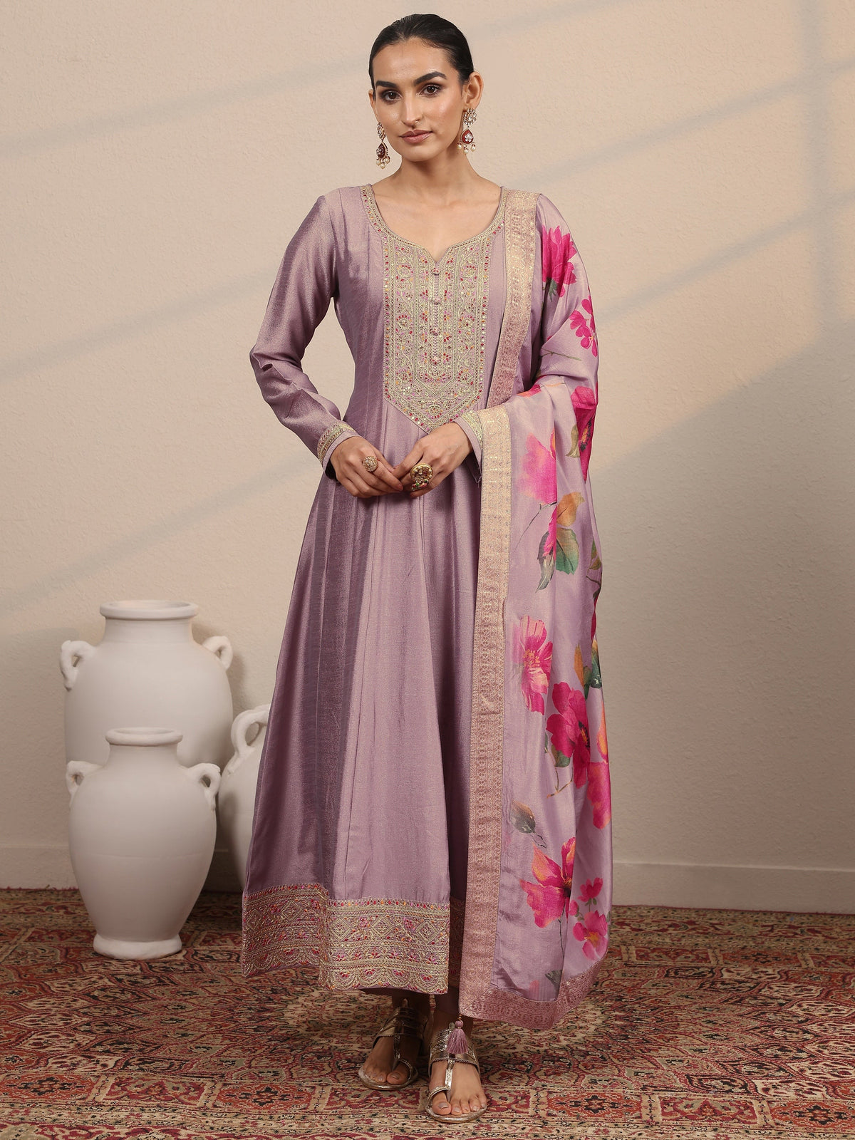 Anouk Lavender Yoke Design Silk Blend  Anarkali Suit Set With Dupatta