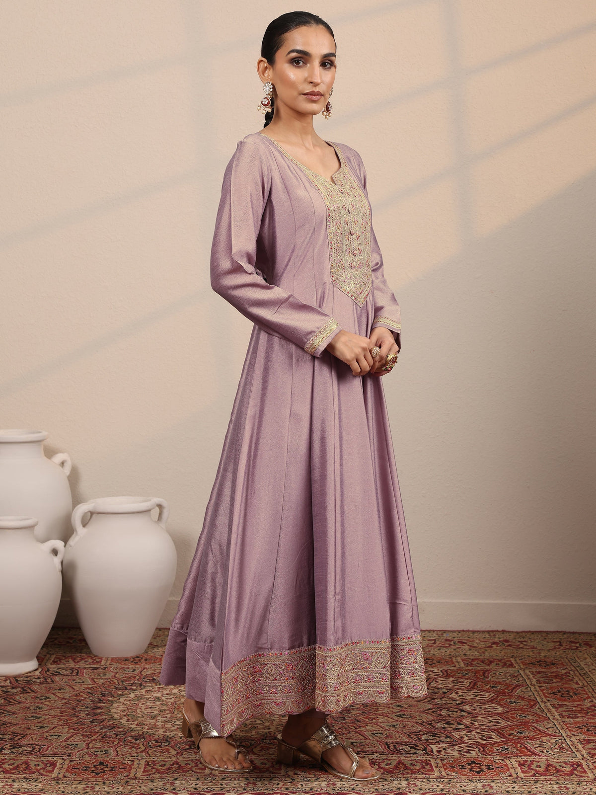 Anouk Lavender Yoke Design Silk Blend  Anarkali Suit Set With Dupatta