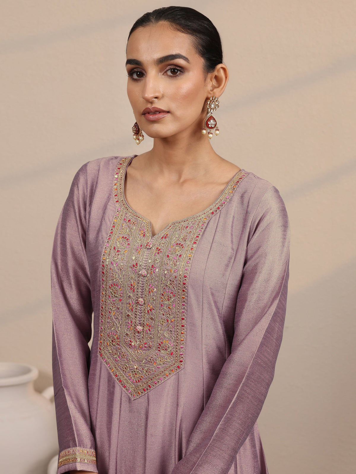 Anouk Lavender Yoke Design Silk Blend  Anarkali Suit Set With Dupatta