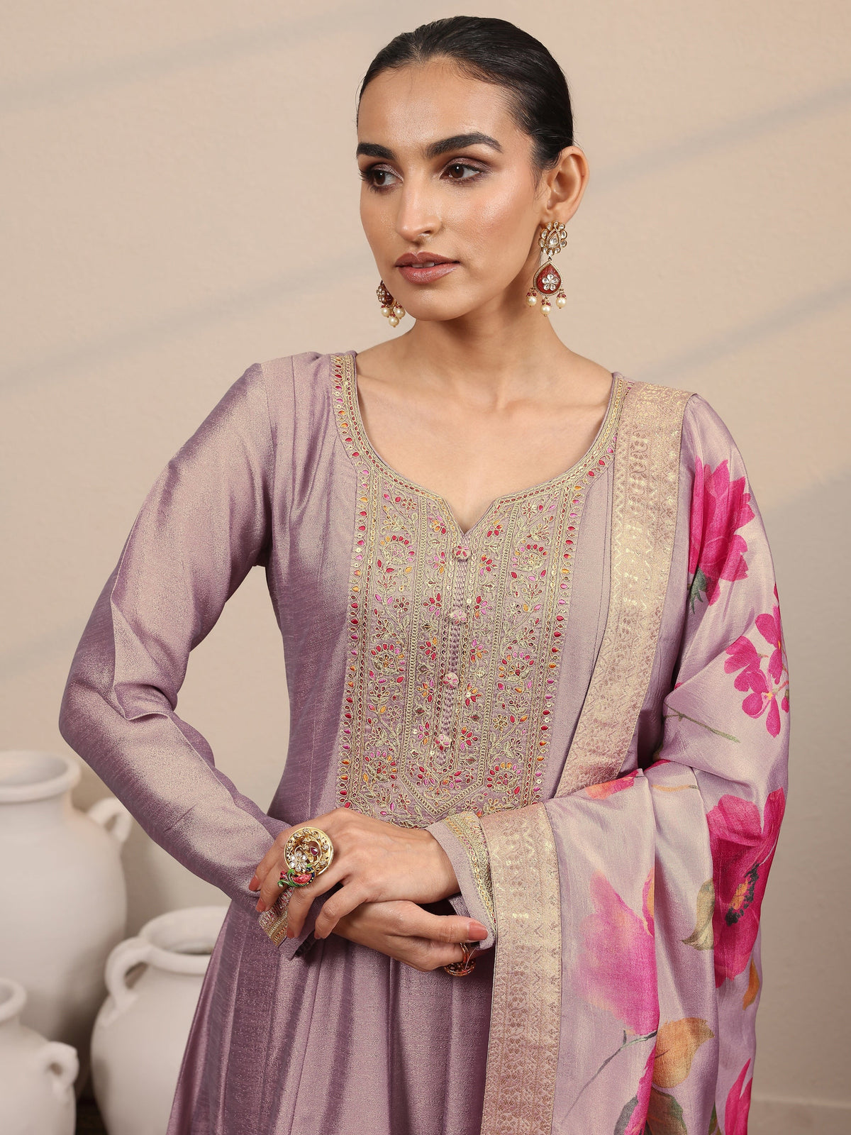 Anouk Lavender Yoke Design Silk Blend  Anarkali Suit Set With Dupatta